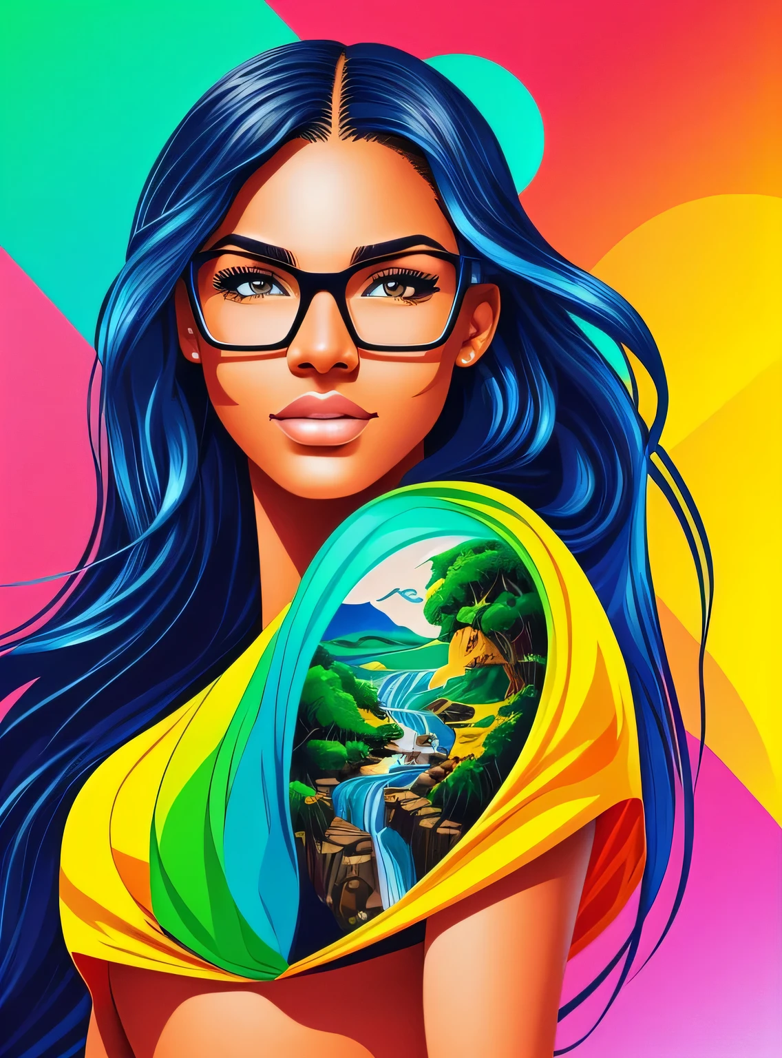 realista, retrato de corpo inteiro de uma jovem negra, 20 anos de idade. corpo perfeito, realistic corpo perfeito composition, corpo molhado na chuva, cena da cachoeira. realista belos olhos verdes, cara fria, pele clara, good looking, arte da tatuagem, sexy sexy liquid acrylic outfit, Copos (eyes in the center of Copos), sonhadora luz quente, volumetric light, polpa estilo aventura, dynamic gradients, cores vivas, Illustrations, curvas vetoriais altamente detalhadas, simples, suave and clean, arte vetorial, suave , Design de personagem, cinema, surrealismo, cartazes, collection of masterpieces, lush cores vivas, Entardeceres, Guache molhado. alta qualidade de imagem, Detalhe meticuloso, Trabalho realista perfeito