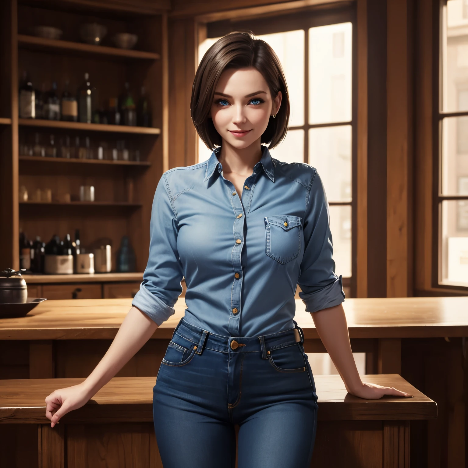Jill Valentine, blue eyes, short straight hair, cute, jeans and button down shirt, mischievous grin, eye brow raised, tavern