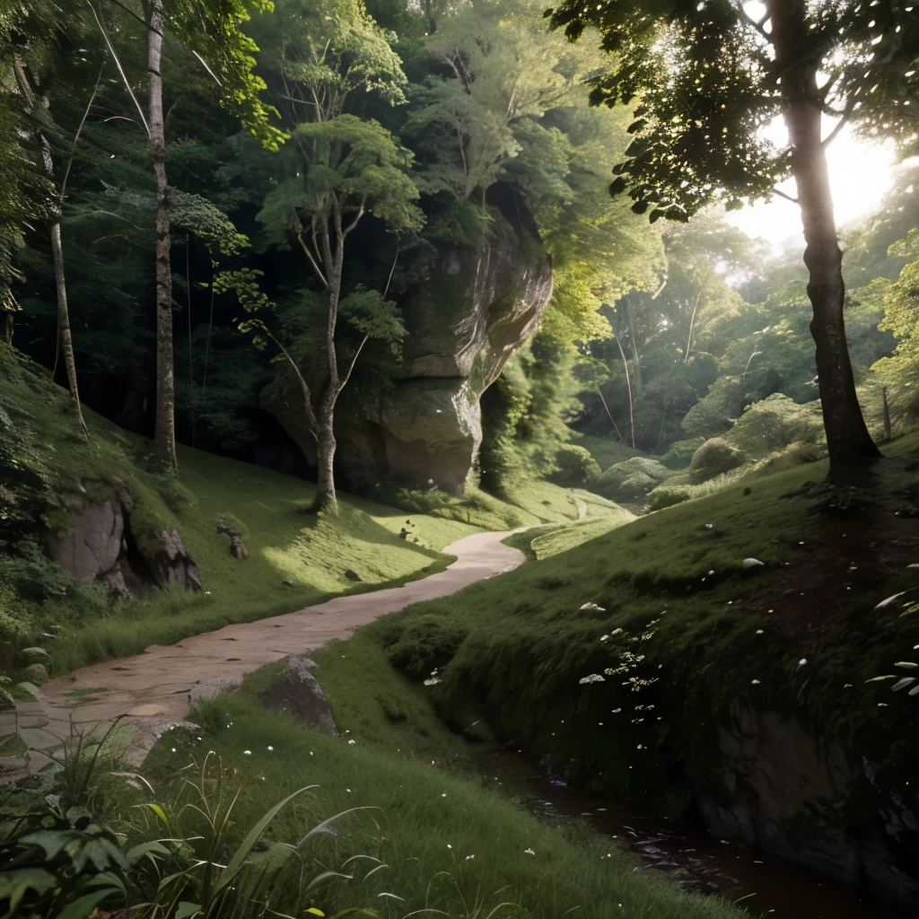 Write a promt for an AI that generates pictures. The picture shows a small cliff, close up shot, at the bottom grass, the cliff is made out of stone and dirt on the edges. At the top grass again, on top are trees, the scene is set in a jungle biom rain forest