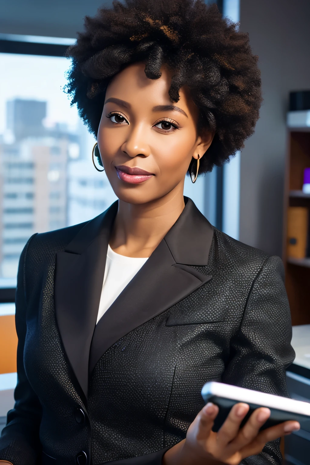 Light-skinned afro woman, short curly hair, 44 years old, defined features, ultra-realism, dressed in a suit, in the office, holding a tablet, darker hair, fair skin