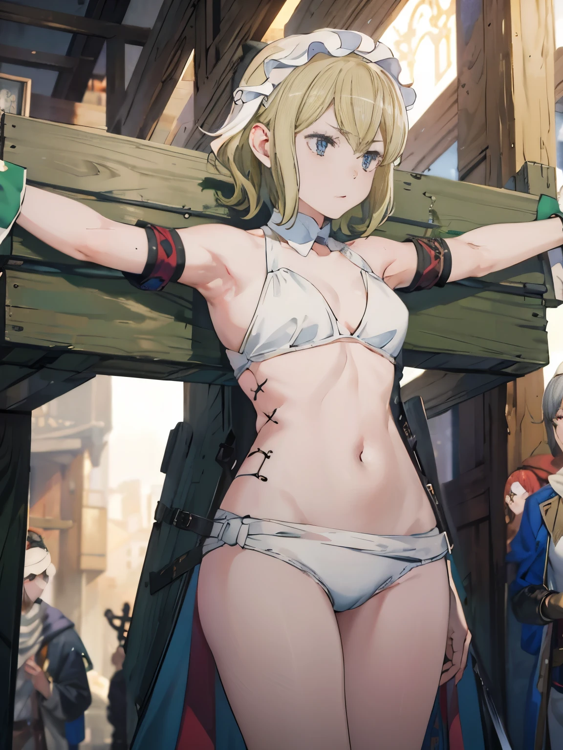 highest quality,masterpiece,UHD, Super detailed, 8K,(Beautiful woman),一人のBeautiful woman,((crucifixion)),cross,(execution),incontinence,scared,torture,slave,((crossにcrucifixionにされた女性:1.5))
