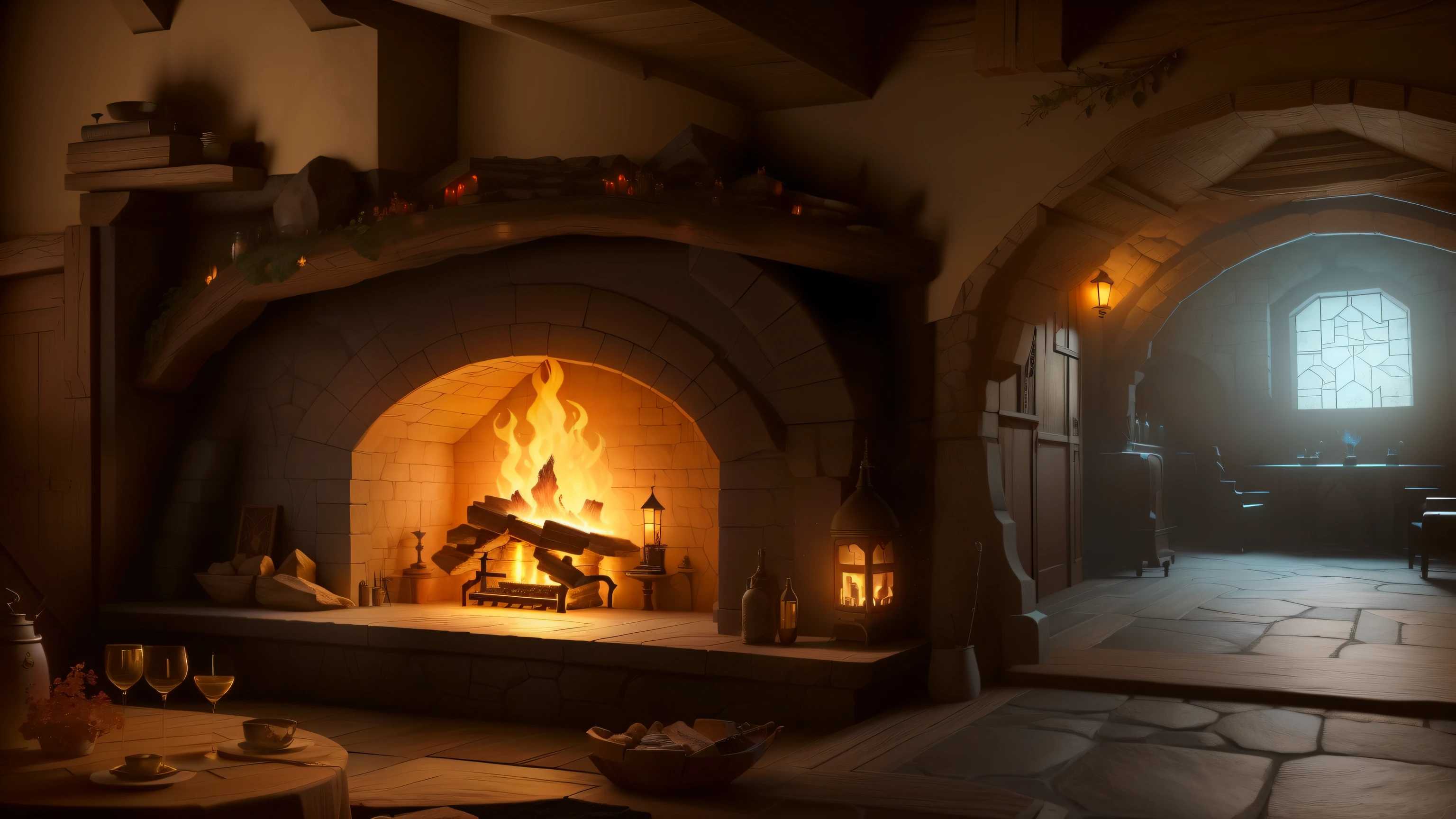 there is a fireplace with fire inside in a room, em taverna de fantasia perto da lareira, interior de um buraco hobbit, fundo de taverna de fantasia, papel de parede aconchegante, unreal engine render concept art, arte conceitual detalhada em 4k, A Arte Conceitual do Hobbit, cena encantada aconchegante, realistic fantasy rendering, arte de fundo, uma taberna aconchegante multidimensional, Dentro de uma casa de hobbit medieval