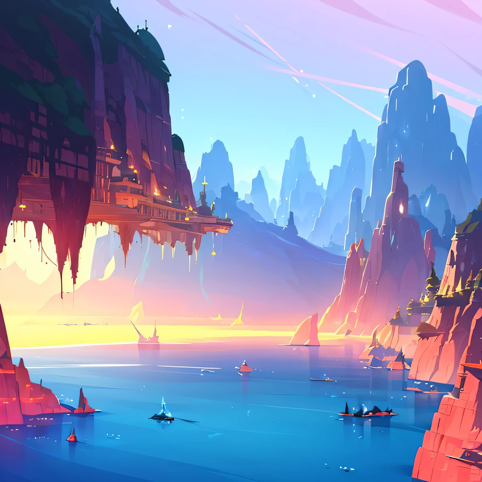 award winning photo, ((masterpiece,best quality)), absurdres, Vivid_Setting, no humans, scenery, cinematic composition, landspace drawing, environment, background illustration, fantasy, colorful Anime game world, MMORPG, world to explore, splash-art, over-view of world, horizon