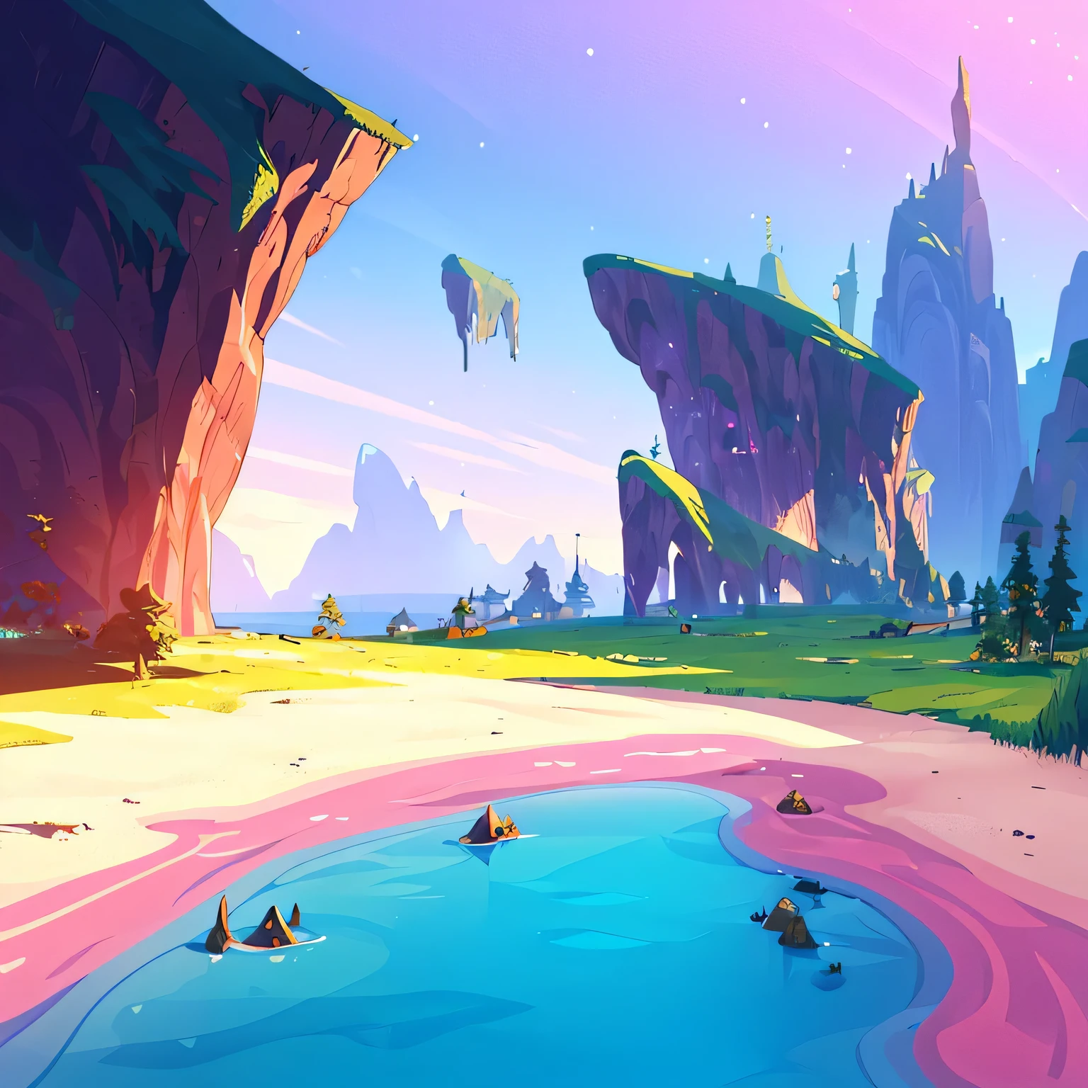 award winning photo, ((masterpiece,best quality)), absurdres, Vivid_Setting, no humans, scenery, cinematic composition, landspace drawing, environment, background illustration, fantasy, colorful Anime game world, MMORPG, world to explore, splash-art, over-view of world, horizon