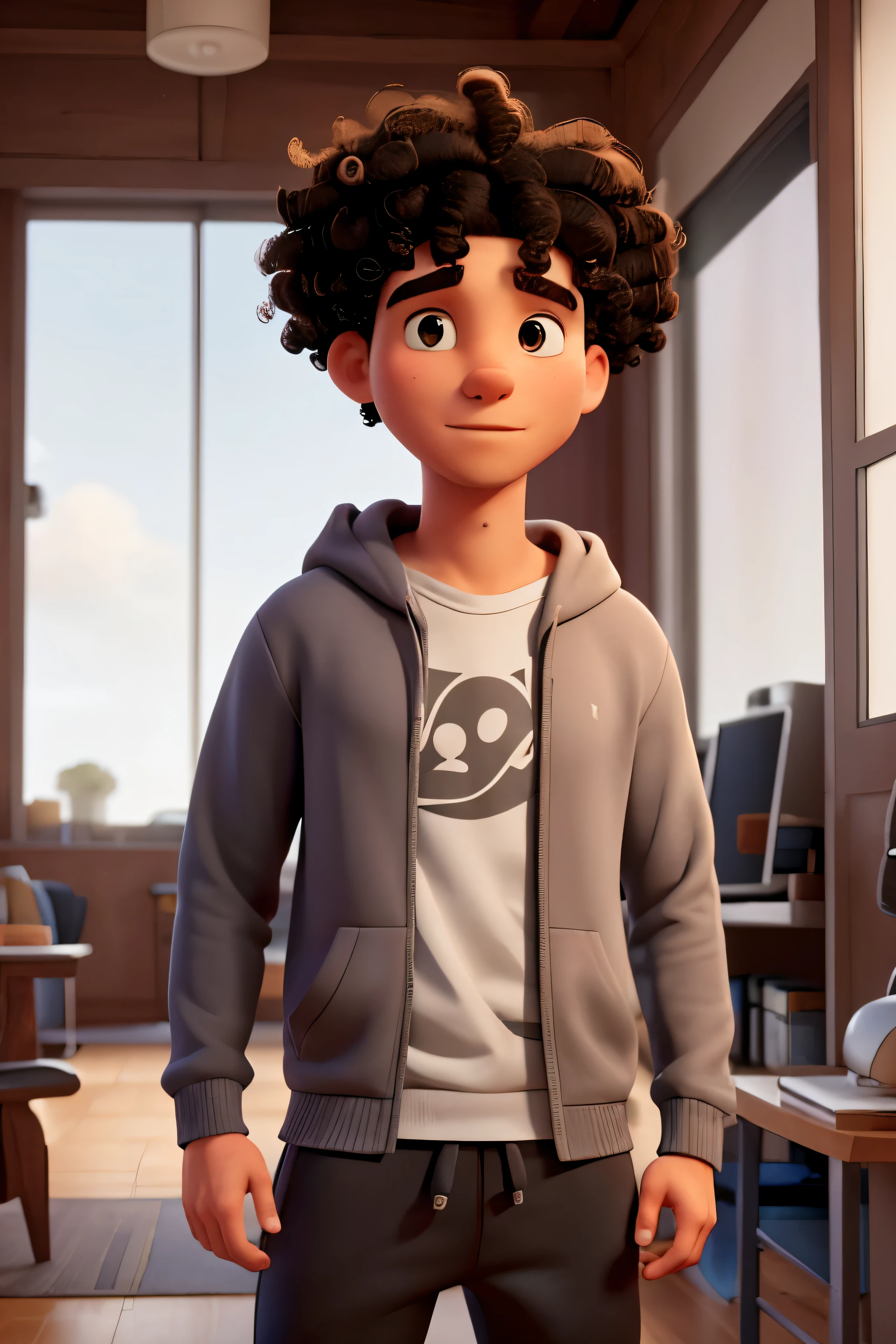 Homem branco com cabelo preto encaracolado, na casa dos 20 anos, wearing hoodie and sweatpants, com rosto alto