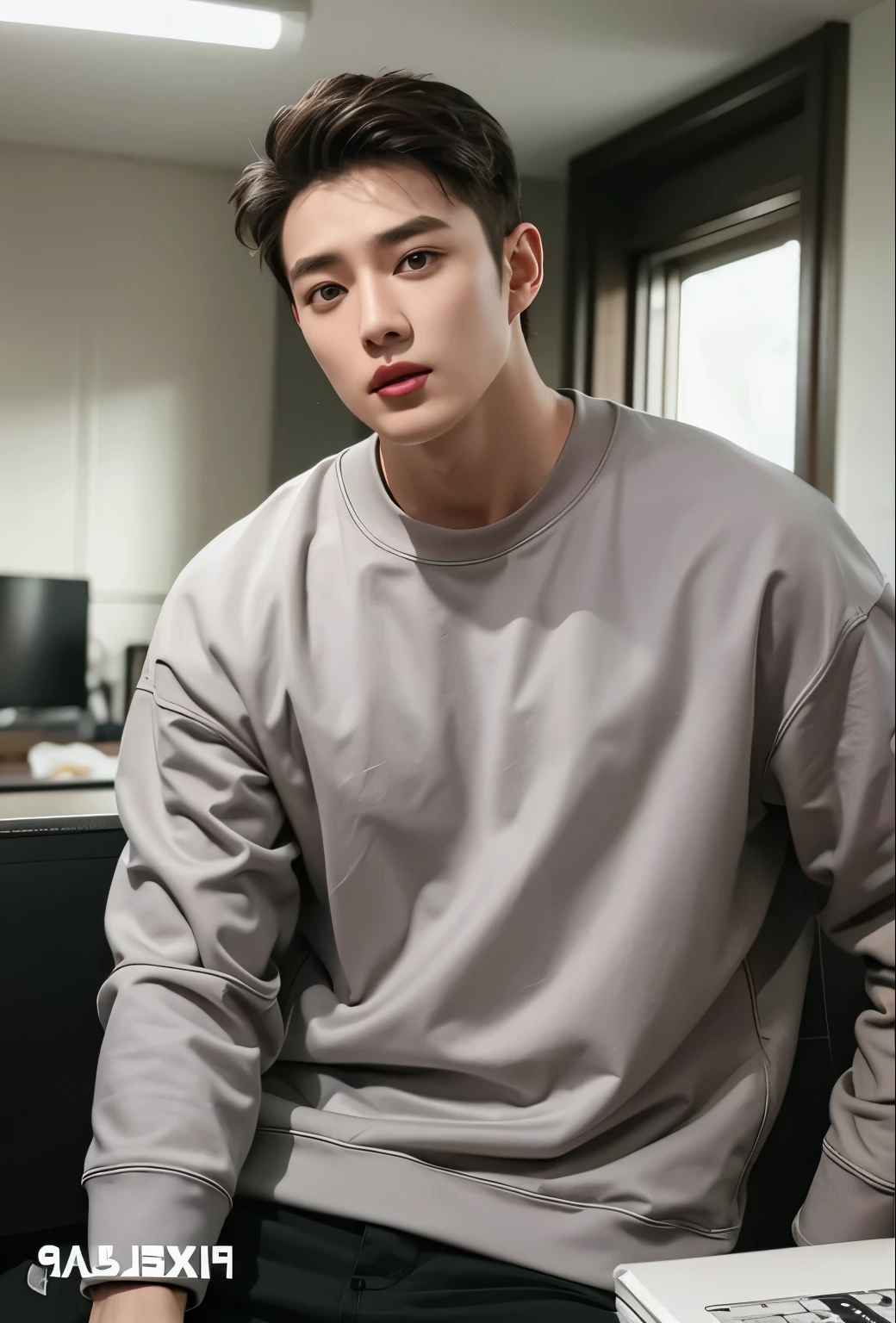 Homem sentado em uma cadeira com um laptop e um telefone celular, Jung Jaehyun, pintar ulzzang, Jinyoung Shin, Kim Doyoung, taejune kim, retrato no meio da cena, Hong junho hyung, homem sul-coreano, retrato de alta qualidade, Tommy 1 6 anos, hyung tae, cai xukun, adorable and pale korean face, vestindo moletom