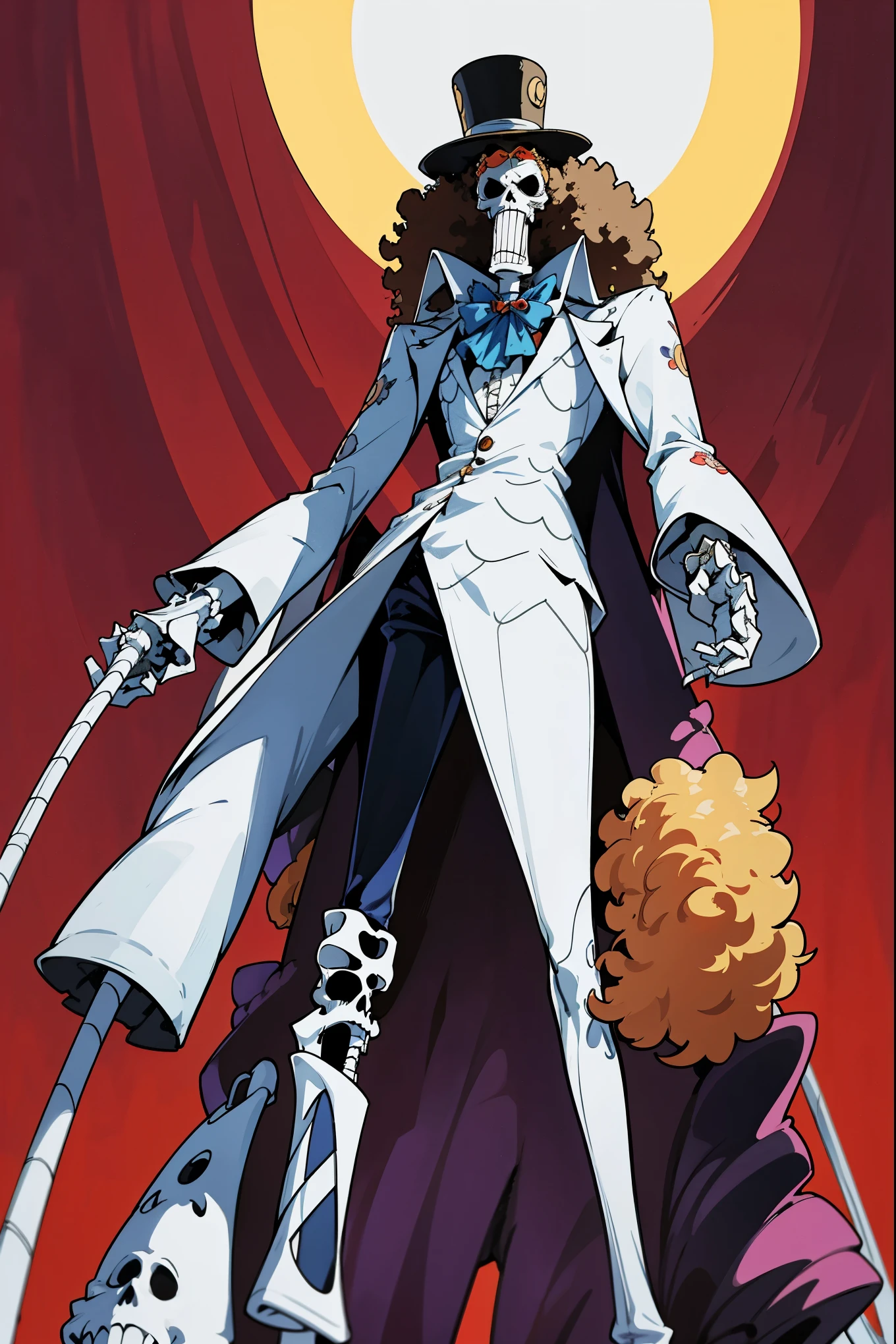 brook from one piece, man, skeleton. Brook is an extremely tall skeleton dressed in formal attire complete with top hat and cane. Standing at 266 cm in height. Despite having no skin, he still has an afro.