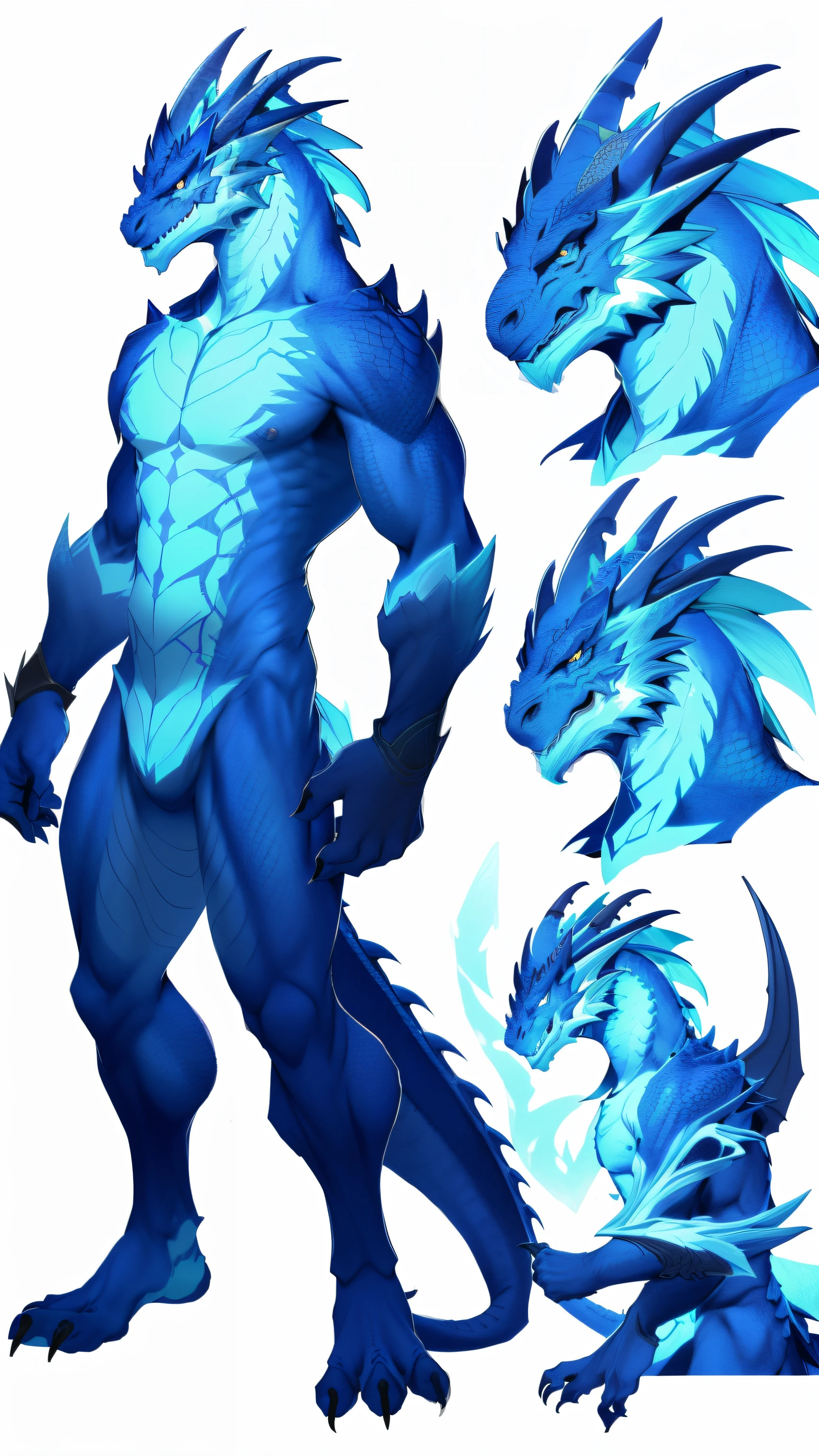 a drawing of a character, full body dragon concept, male anthro dragon, detailed full body, human and dragon fusion, monster character design art, deep blue dragon