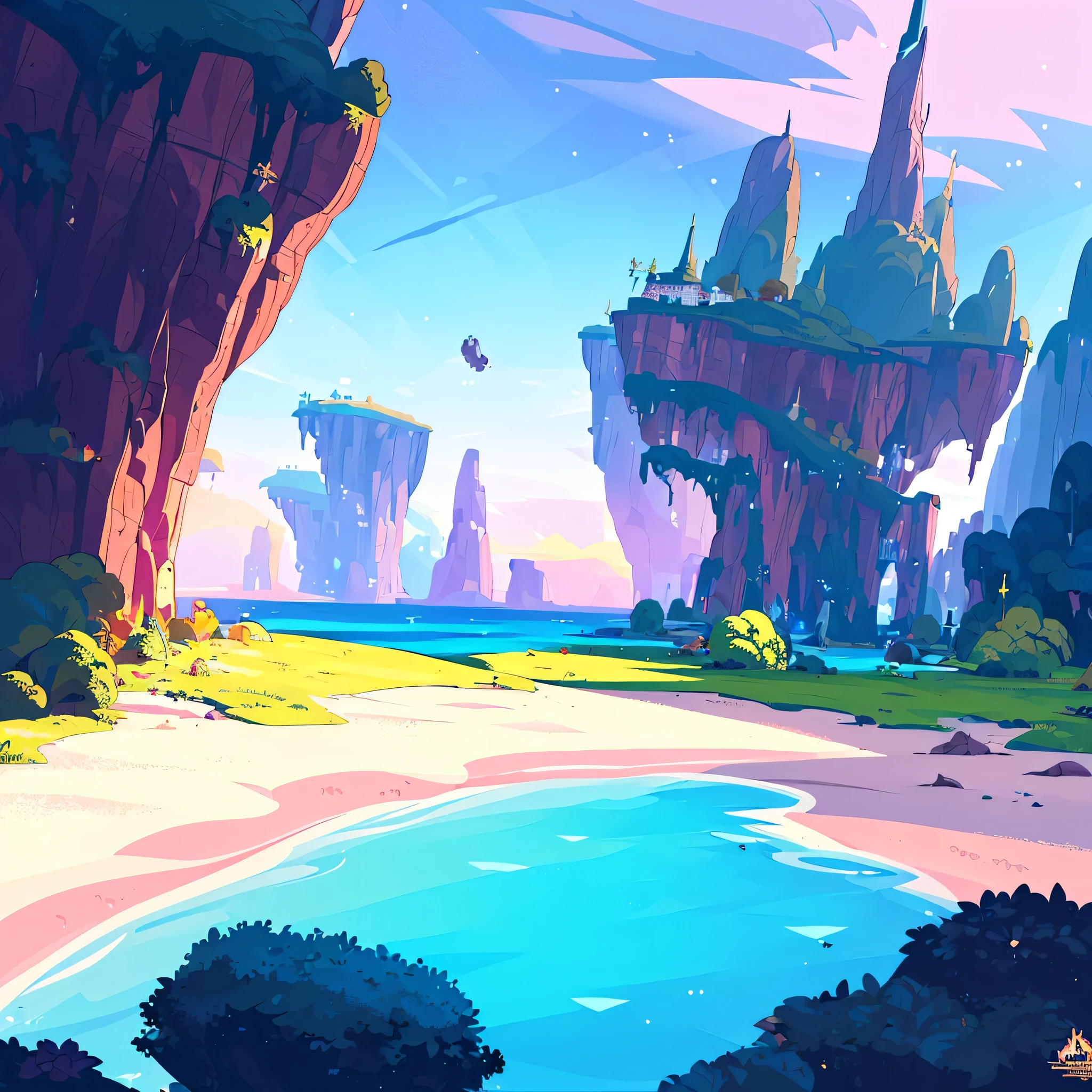 award winning photo, ((masterpiece,best quality)), absurdres, Vivid_Setting, no humans, scenery, cinematic composition, landspace drawing, environment, background illustration, fantasy, colorful Anime game world, MMORPG, world to explore, splash-art, over-view of world, horizon