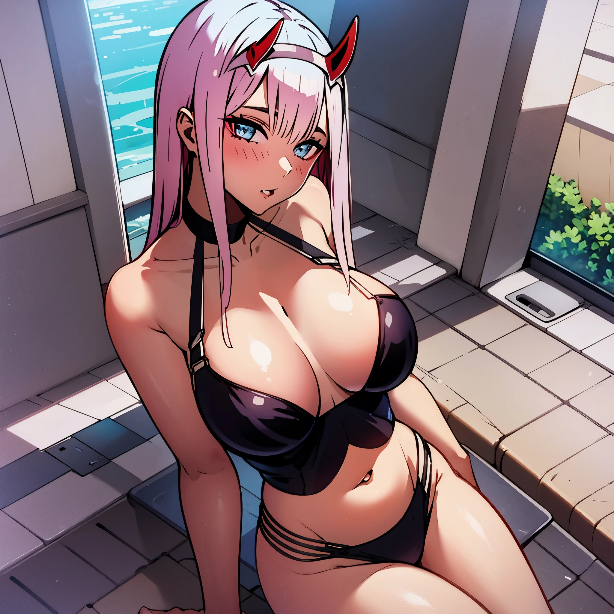 Zero Two, sexy pose, leaning forvard, hands between thights, bikini, big breasts