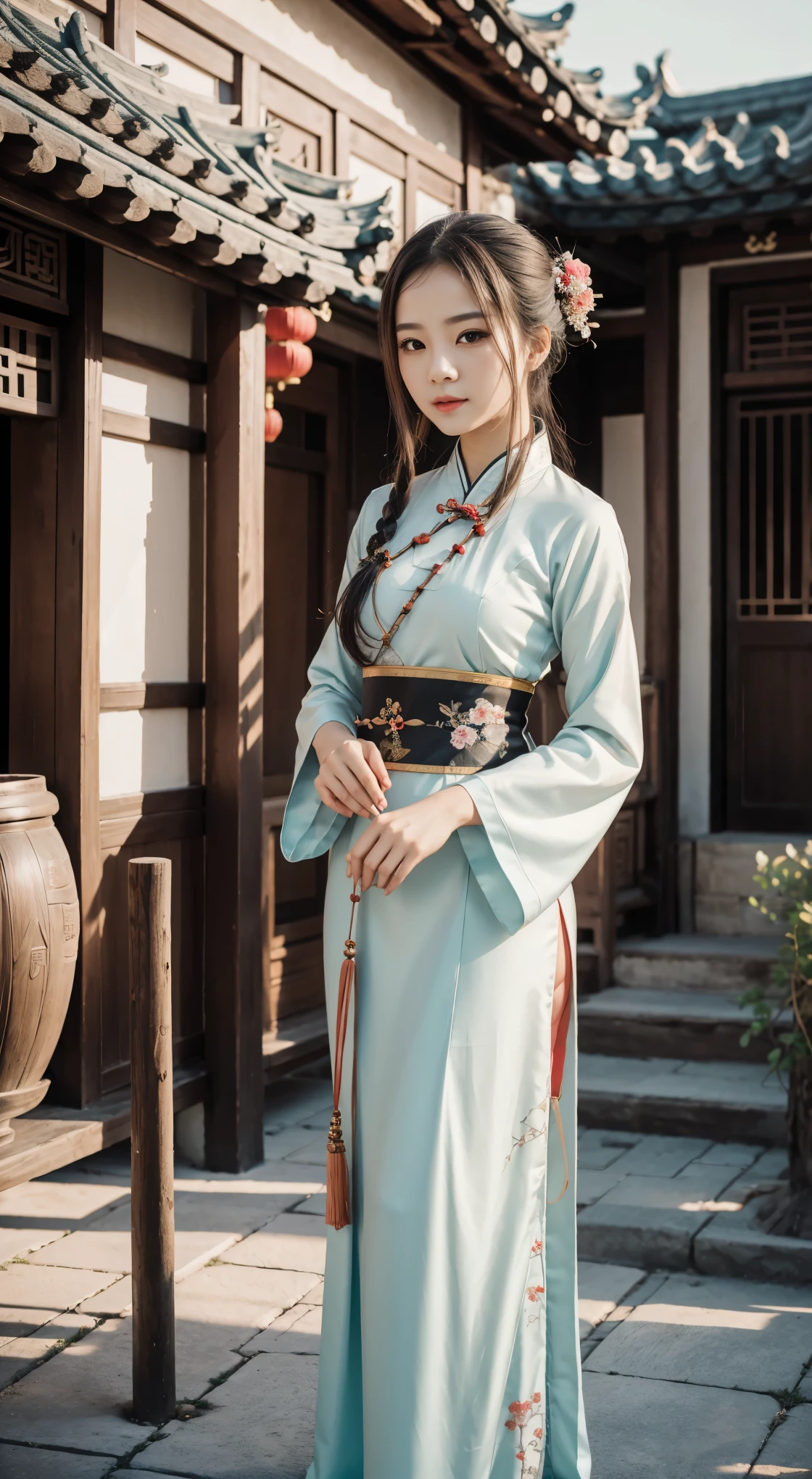 a beauty girl ,wear gorgeous hanfu, Chinese style buildings, landscape