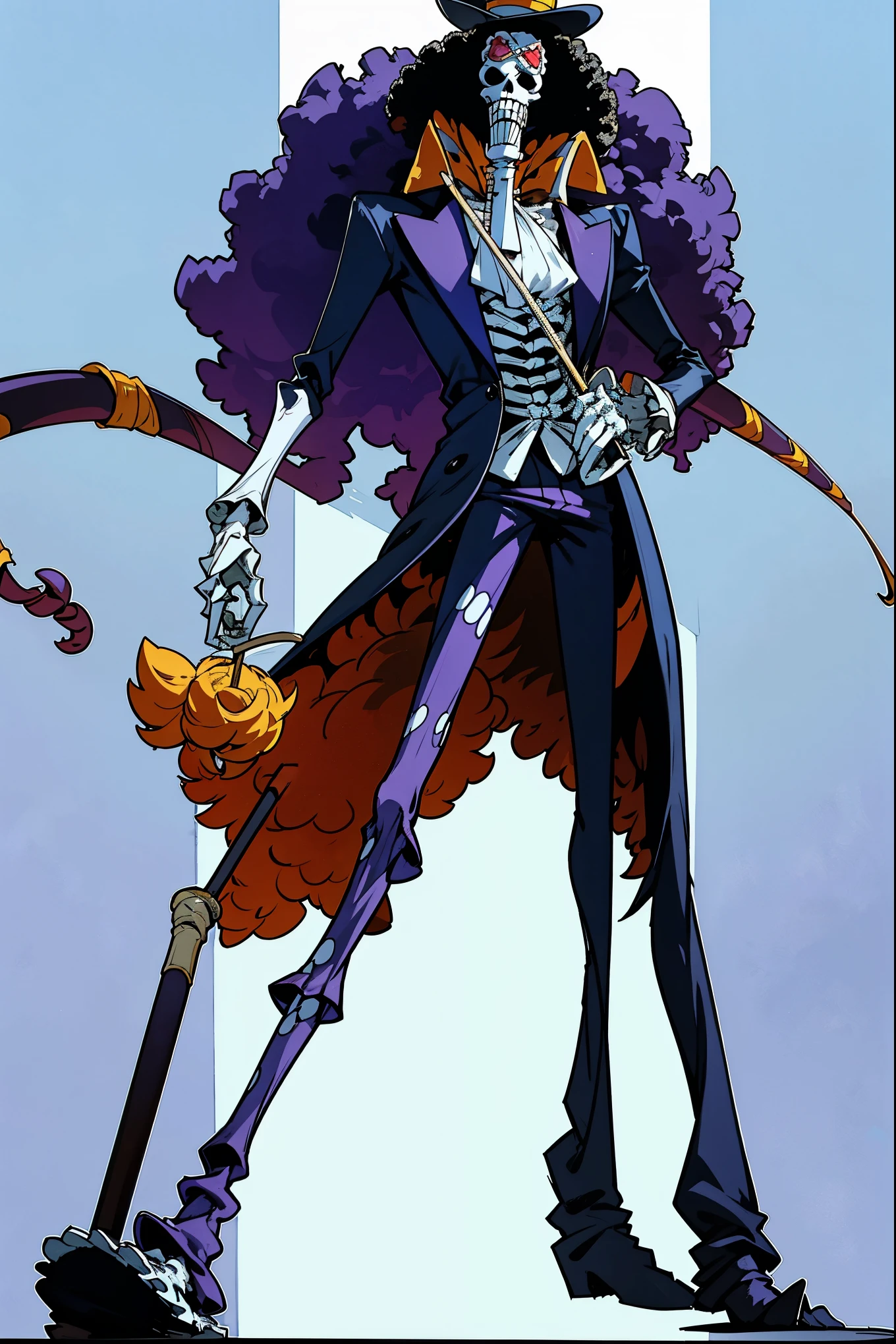 brook from one piece, man, skeleton. Brook is an extremely tall skeleton dressed in formal attire complete with top hat and cane. Standing at 266 cm in height. Despite having no skin, he still has an afro.