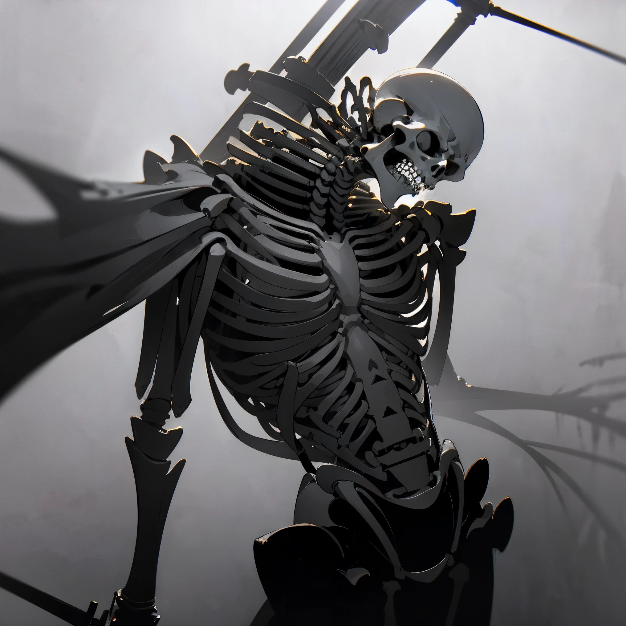 (a skeleton impaling itself with a sword in the neck,aura lights,(photorealism),dark,gloomy,sharp focus,bloody,high contrast,detailed bones,fine art)