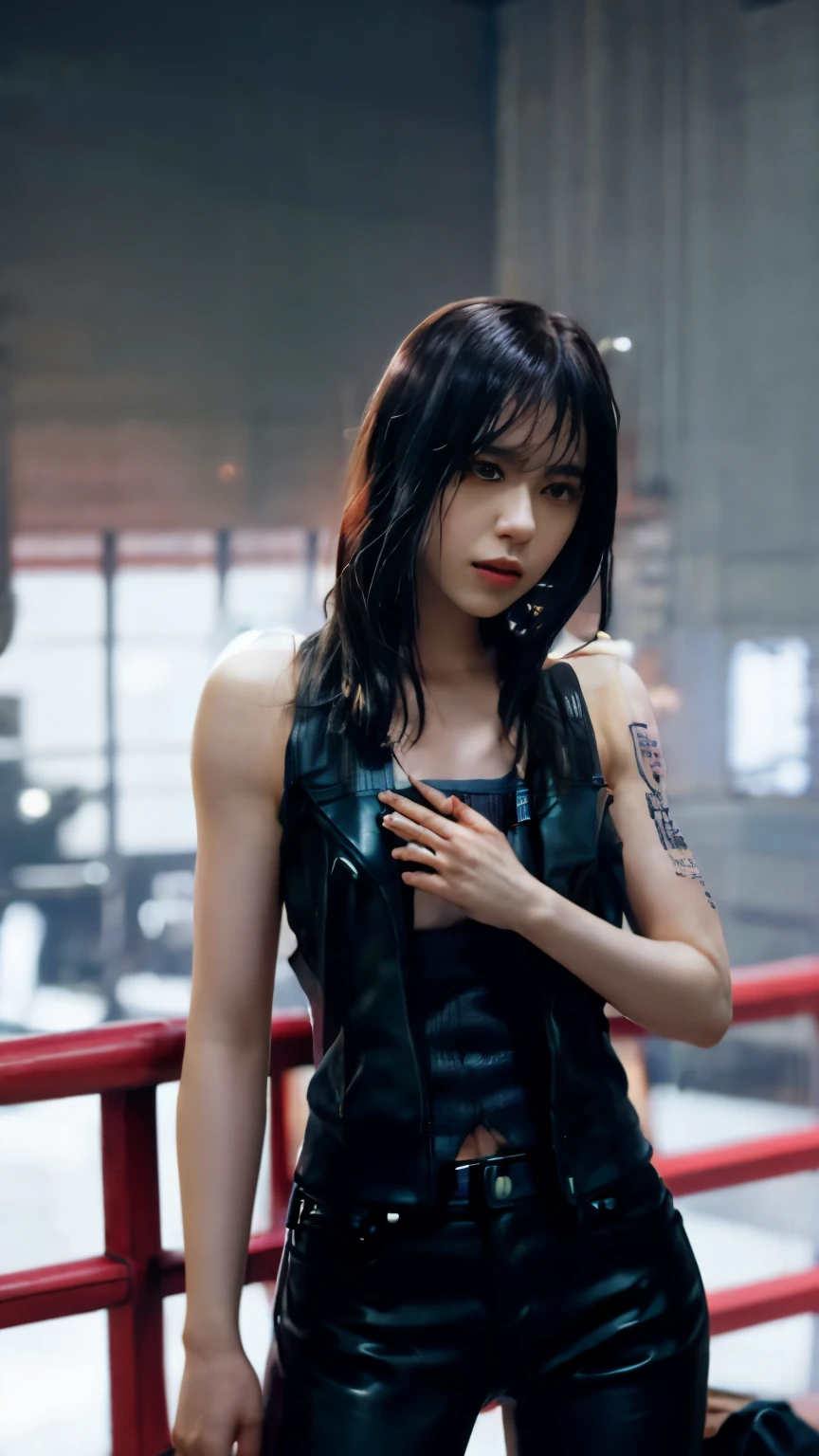 highest quality，masterpiece，Super detailed，8K, UHD，Beautiful woman，japanese woman，Expressionless，(Topless)，whole body，((tattoo))，slim，Black leather pants，black leather vest，(female mafia)，gangster，(cyberpunk city)，night，cinematic lightening，movie poster，underworld