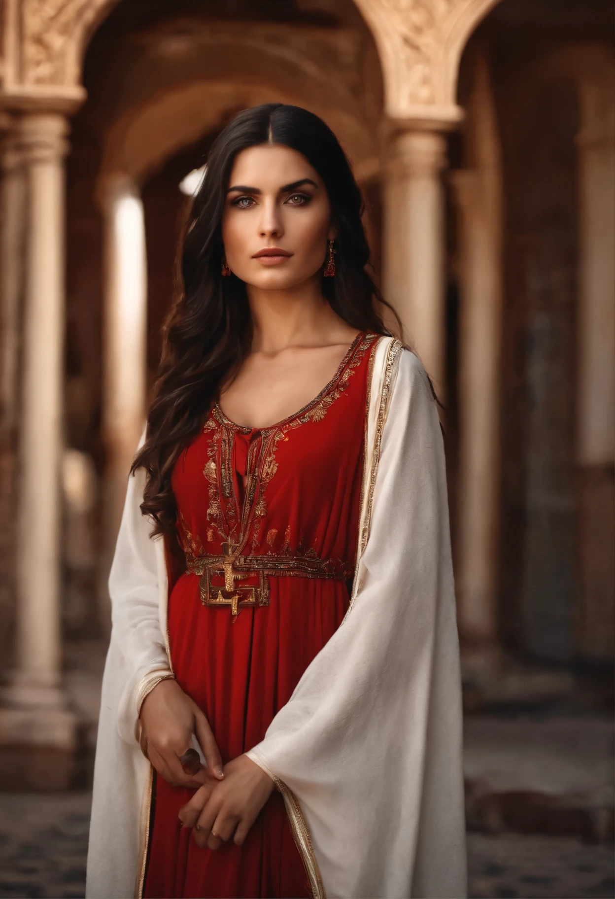 ((face end eyes)), ((hyper realistic)), (higly detailed), perfect face, beautiful girl black hair brown eyes,red byzantine dress, wearing a byzantine Cross on neck ,standing in front of Byzantine building, Epoch Byzantine,