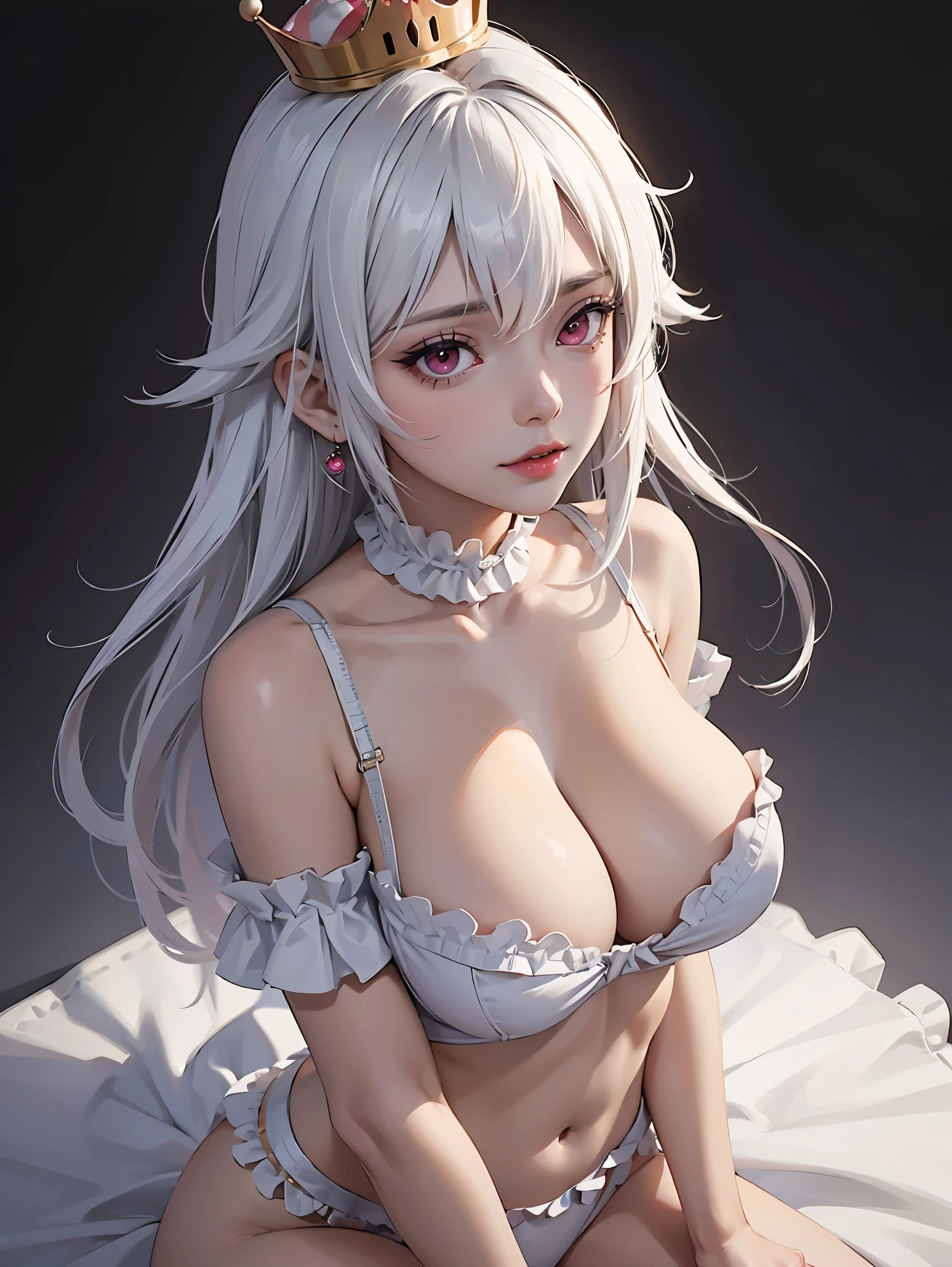 ((high detailed, best quality, 4k, masterpiece, hd:1.3)), ((best quality)), (((HD))), (((8k))), (ultraDH), (ultra HD), Snowy Forest background, snowflake pattern, red eyes, BREAK red eyes, seductive, attractive, smooth anime cg art, 36C breasts, long legs, vivid colors, detailed digital art, slim body, perfect skin, white hair, long hair, light hair, white hair, BREAK crown, cleavage, 36C cleavage, looking at viewer, BREAK looking at viewer, extremely detailed face, earrings, gem, dark white makeup lips, dark gothic eyeshadows, dark eyeshadows, white eyeshadows, white sexy lips, dark lips, very dark lips, (perfect hands, perfect anatomy), white makeup, white medium lips, white thick lips, detailed fingers, five fingers per hand, 5 fingers, (1 girl), detailed lips, detailed white lips, white painted lips, gothic painted lips, BREAK night, night sky, (breast focus), (arms outstreched:1.2), (from above:1.1), (breasts out:1.3), (off shoulder:1.1), (((bra))),