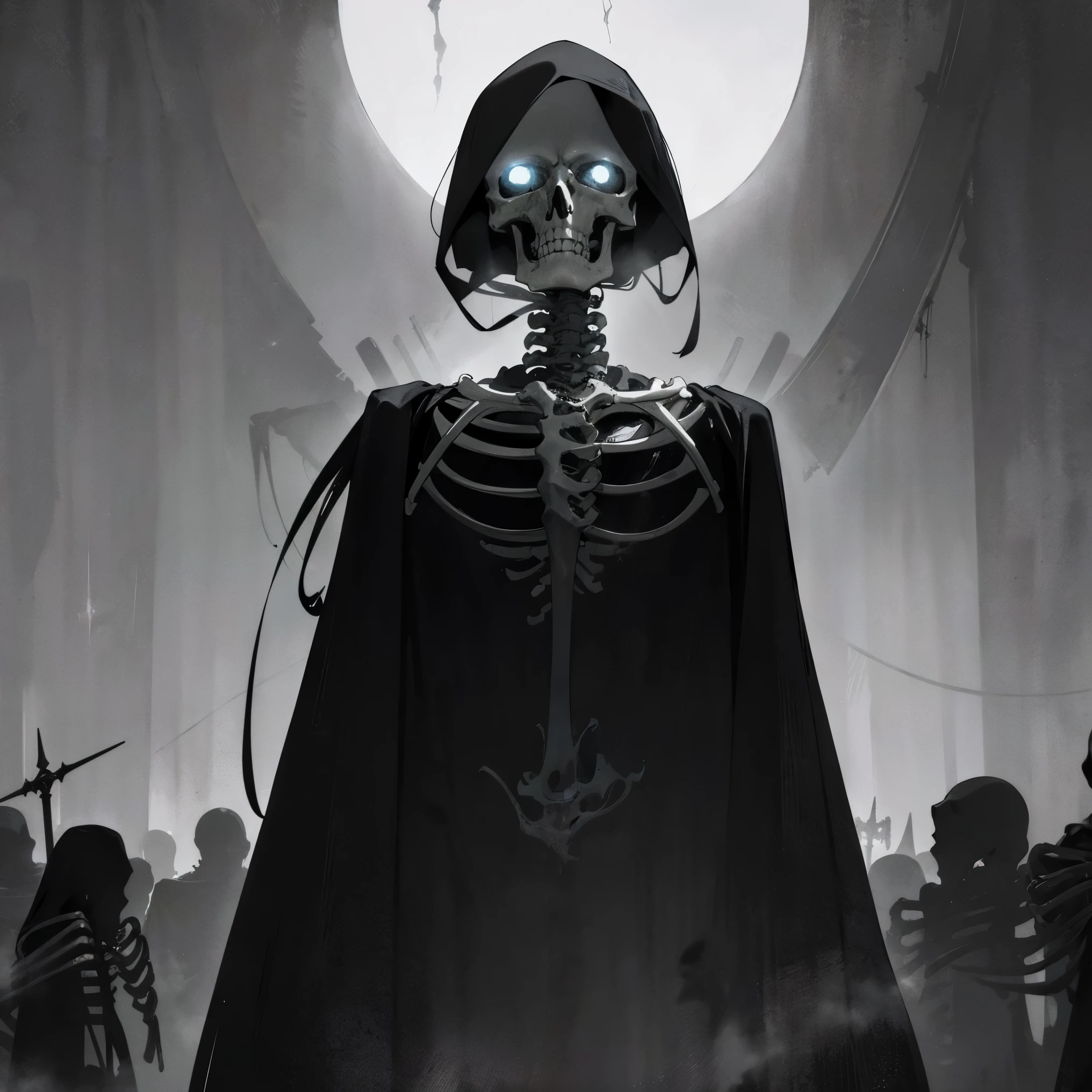 (best quality,highres:1.2),ultra-detailed,realistic,photorealistic:1.37,horror,skeletal figure,ensemble scene,aura lights,piercing sword,spooky atmosphere,life-like skeleton,sharp focus,dark shadows,emotive facial expressions,bone structure,grim atmosphere,black and white contrast,haunting visual,exaggerated features,dramatic lighting,macabre ambiance,ominous presence,foreboding tone,creepy setting,ethereal glow,morbid composition,haunting beauty,spectral figure,sword piercing the neck,uncanny realism,gothic flourish,skeleton emerging from darkness,sinister mood,gritty texture,sword embedded in the spine,surreal elements,skull symbolism,mysterious aura,shadowy background,unearthly spectacle