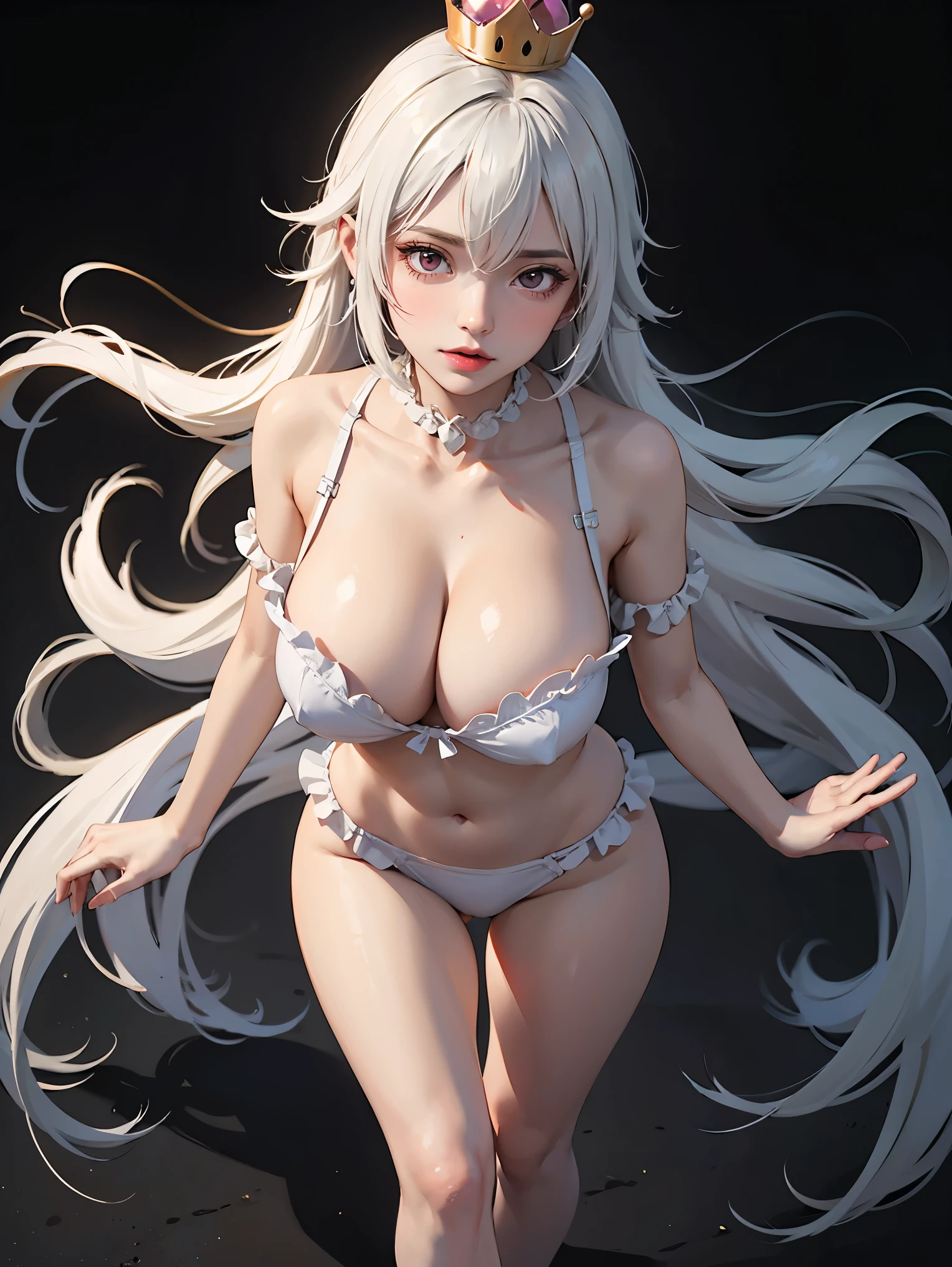 ((high detailed, best quality, 4k, masterpiece, hd:1.3)), ((best quality)), (((HD))), (((8k))), (ultraDH), (ultra HD), Snowy Forest background, snowflake pattern, red eyes, BREAK red eyes, seductive, attractive, smooth anime cg art, 36C breasts, long legs, vivid colors, detailed digital art, slim body, perfect skin, white hair, long hair, light hair, white hair, BREAK crown, cleavage, 36C cleavage, looking at viewer, BREAK looking at viewer, extremely detailed face, earrings, gem, dark white makeup lips, dark gothic eyeshadows, dark eyeshadows, white eyeshadows, white sexy lips, dark lips, very dark lips, (perfect hands, perfect anatomy), white makeup, white medium lips, white thick lips, detailed fingers, five fingers per hand, 5 fingers, (1 girl), detailed lips, detailed white lips, white painted lips, gothic painted lips, BREAK night, night sky, (breast focus), (arms outstreched:1.2), (from above:1.1), (breasts out:1.3), (off shoulder:1.1), (((bra))),