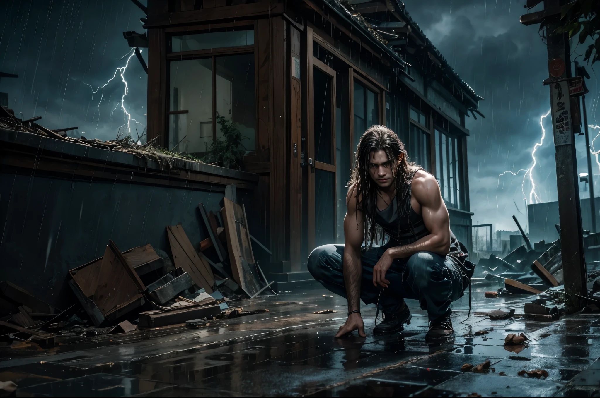 Handsome Long Haired Young Man, looking at the ruins of a house, Dim, Darkness, Rain, Lightning, Despair, Tears, Teardrops, Torn Clothes, Wet Clothes. Kneeling on the Ground, Biting Lower Lip, Bare Shoulders, Real Rain, Wet Hair. Ruins and construction debris as background. Realistic Ray traicing.