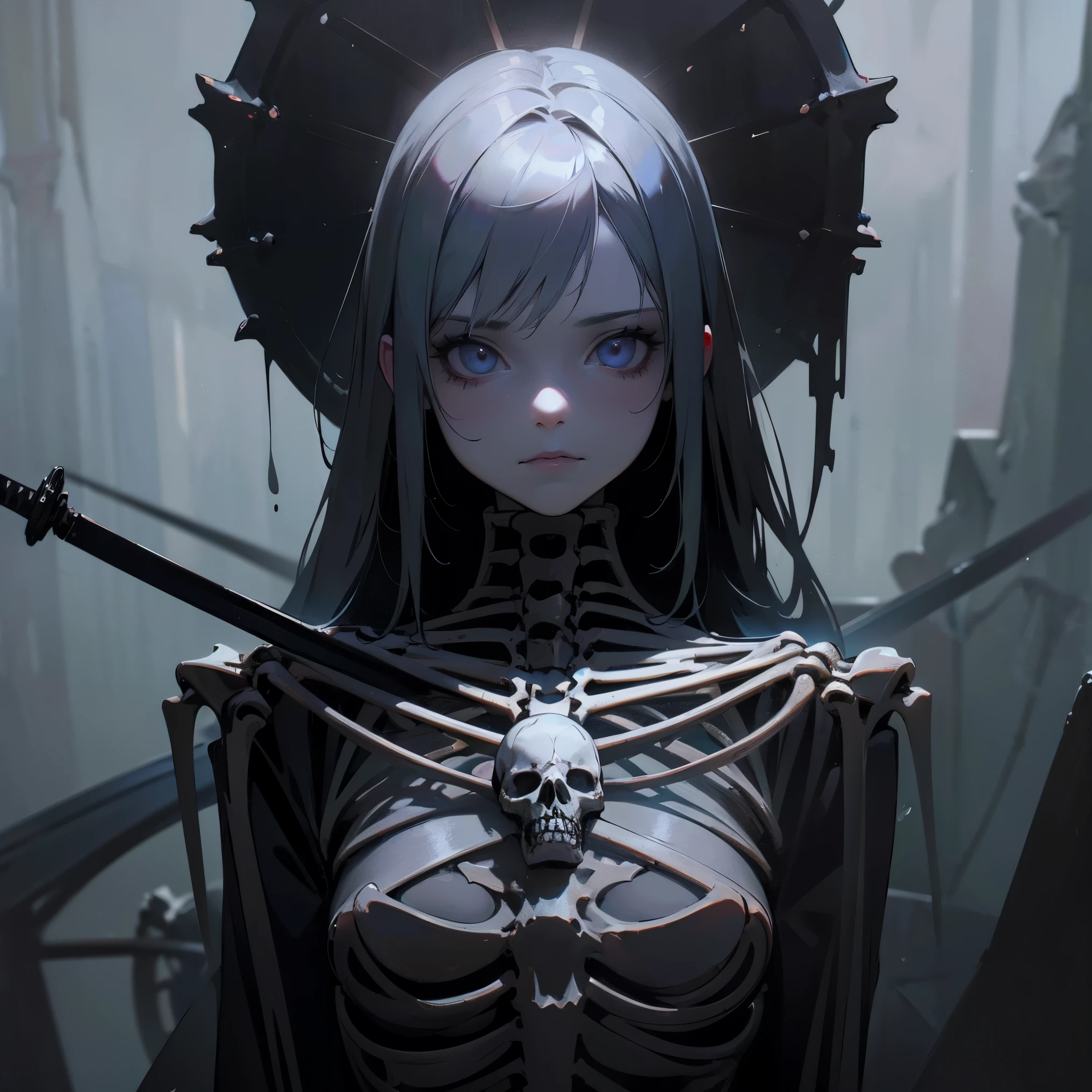 (a girl with) Aura-like gothic lighting, realistic Gothic-style artwork, detailed skeleton impaling itself with a sword in the neck, dark atmospheric background, high-res masterpiece:1.2, ultra-fine painting, professional, vivid colors