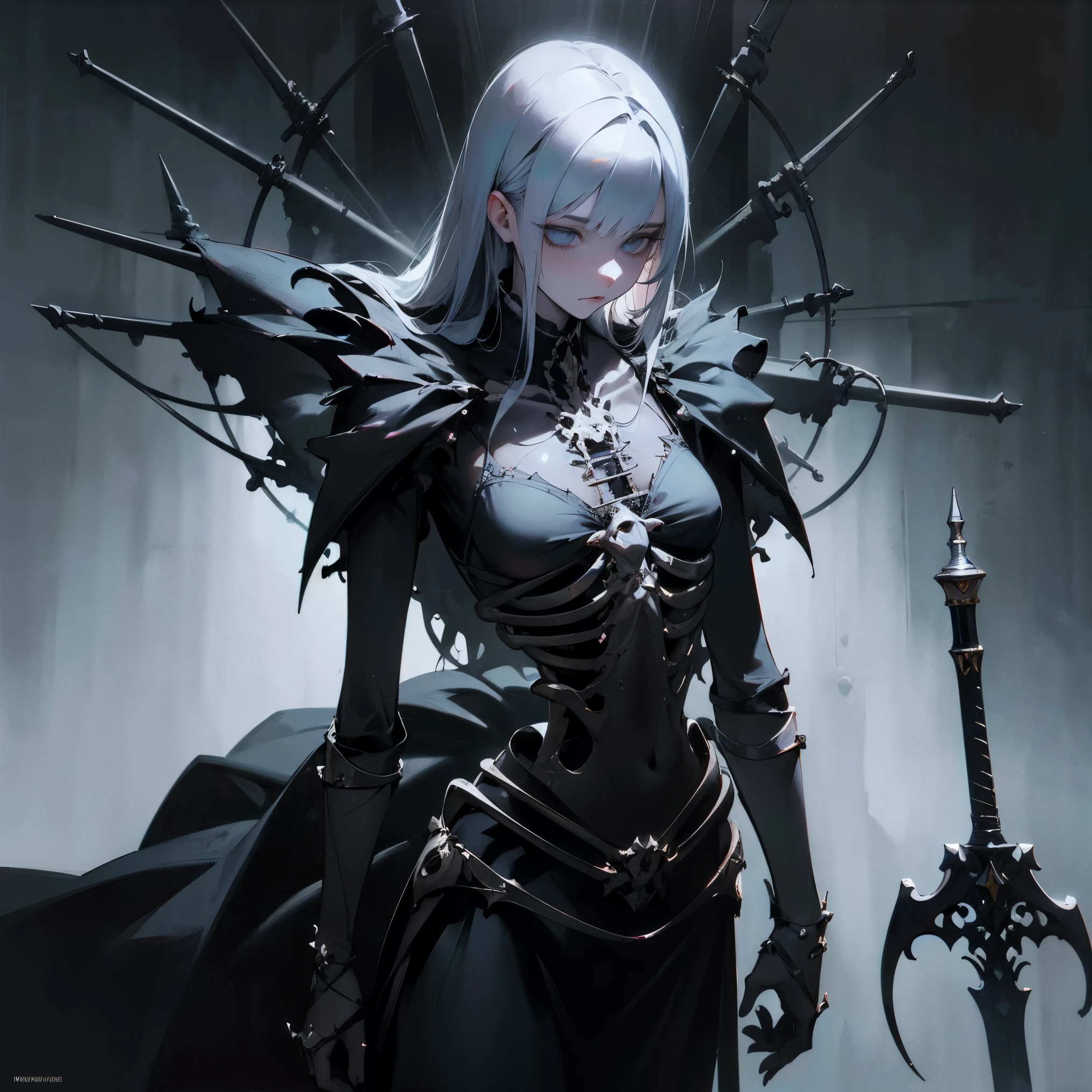 (a girl with) Aura-like gothic lighting, realistic Gothic-style artwork, detailed skeleton impaling itself with a sword in the neck, dark atmospheric background, high-res masterpiece:1.2, ultra-fine painting, professional, vivid colors