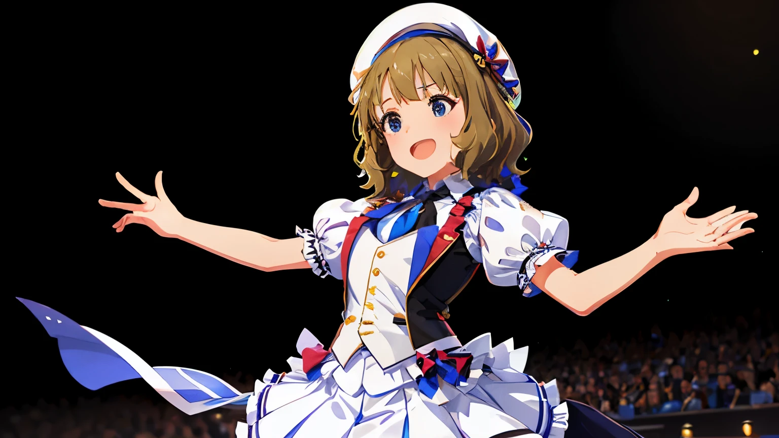 momoko suou (million live), 1 girl, Solo, Cute Girl, Best Quality, wallpaper, Ultra-detailed, 8K, High resolution, Detailed face, (dynamic angle), singing on the stage, looking at viewer, (smile, ;d), opened mouth, reach out a hand for viewer, (sweat), ((idol costume:1.1, white beret, blue vest, frilled vest, short sleeves, puffy sleeves, black necktie, white skirt, pleated skirt, frilled skirt)), 