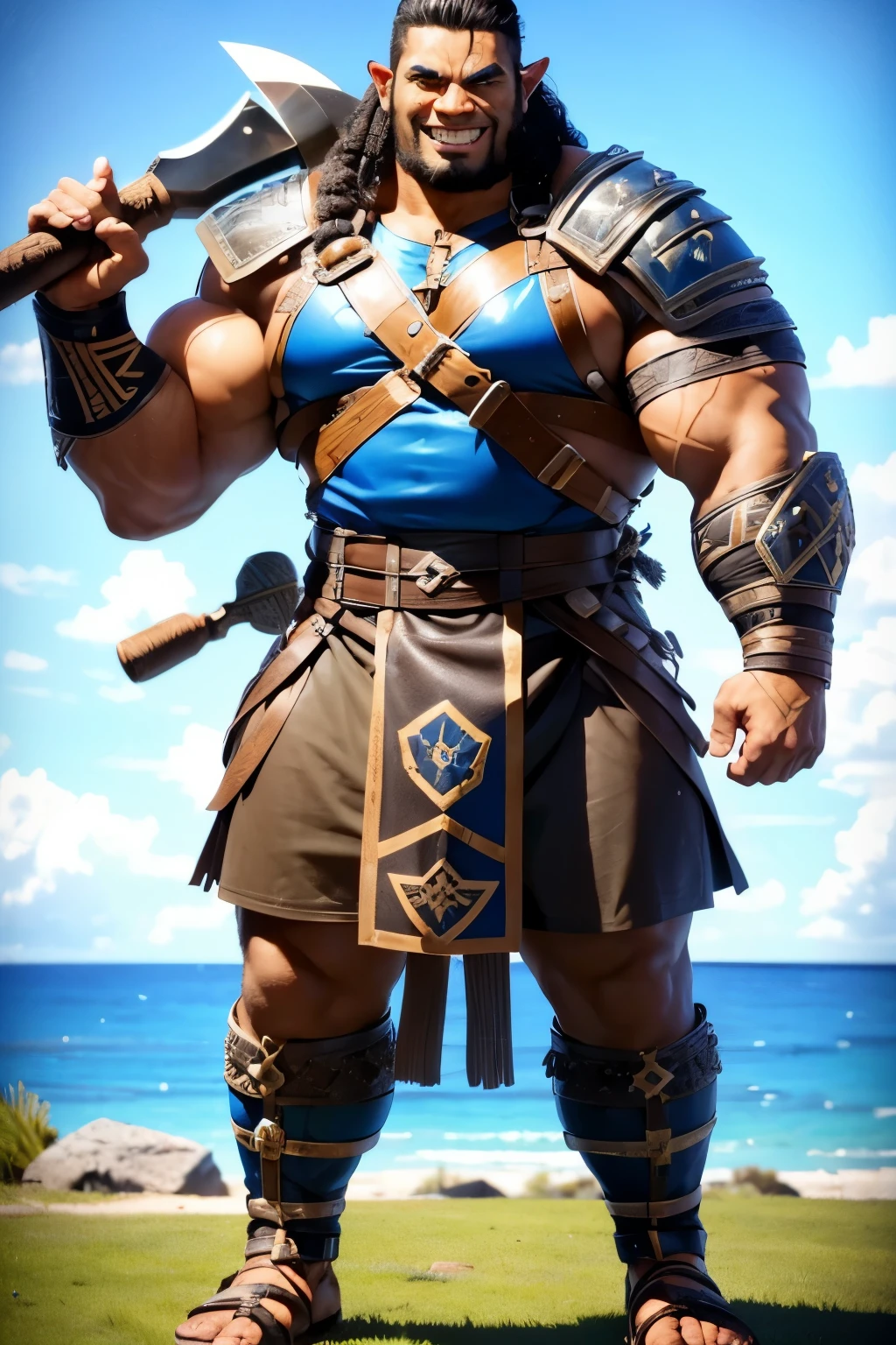1male Orc with brown skin, Samoan hair inspired by Roman reigns, bright blue eyes and a big smile with bottom fangs,  Samoan tattoos, holding a war axe made of bone and leather, wearing leather shoulder armor, leather and metal waistband and Roman sandals, standing on an island 