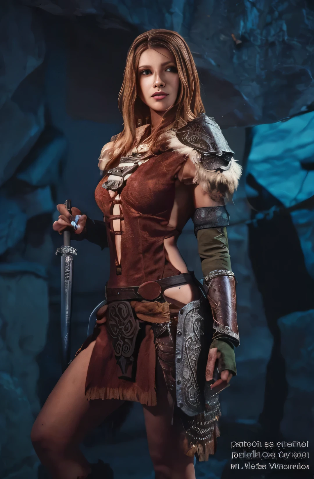 mulher arafed em uma roupa marrom segurando uma espada e uma espada, Aela, the Huntress, very beautiful barbarian woman, barbarian woman, barbarian warrior woman, uma mulher berserker muito bonita, Inspirado em Skyrim, retrato de uma barbarian woman, Guerreira adulta do norte, cosplay ornamentado, roupa de guerreiro, guerreira do norte, viking feminino
