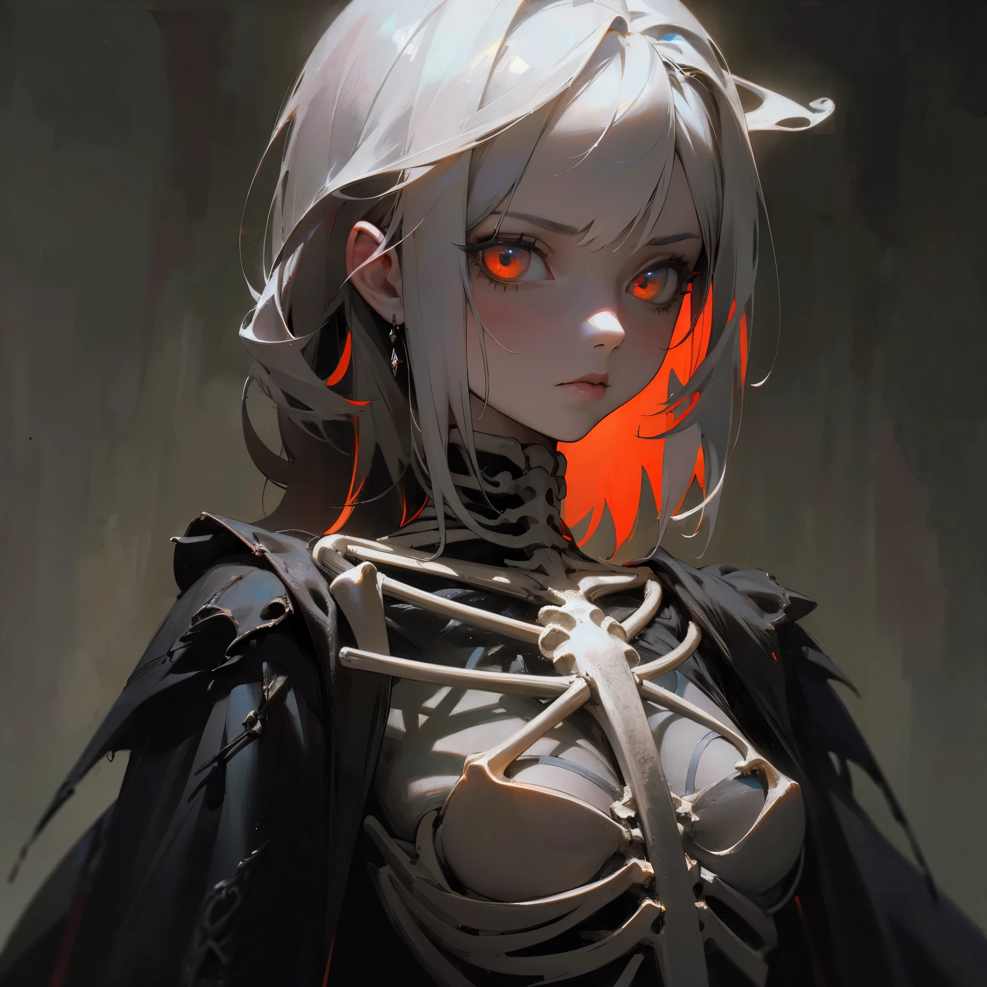 (a girl with) Aura-like gothic lighting, realistic Gothic-style artwork, detailed skeleton impaling itself with a sword in the neck, dark atmospheric background, high-res masterpiece:1.2, ultra-fine painting, professional, vivid colors