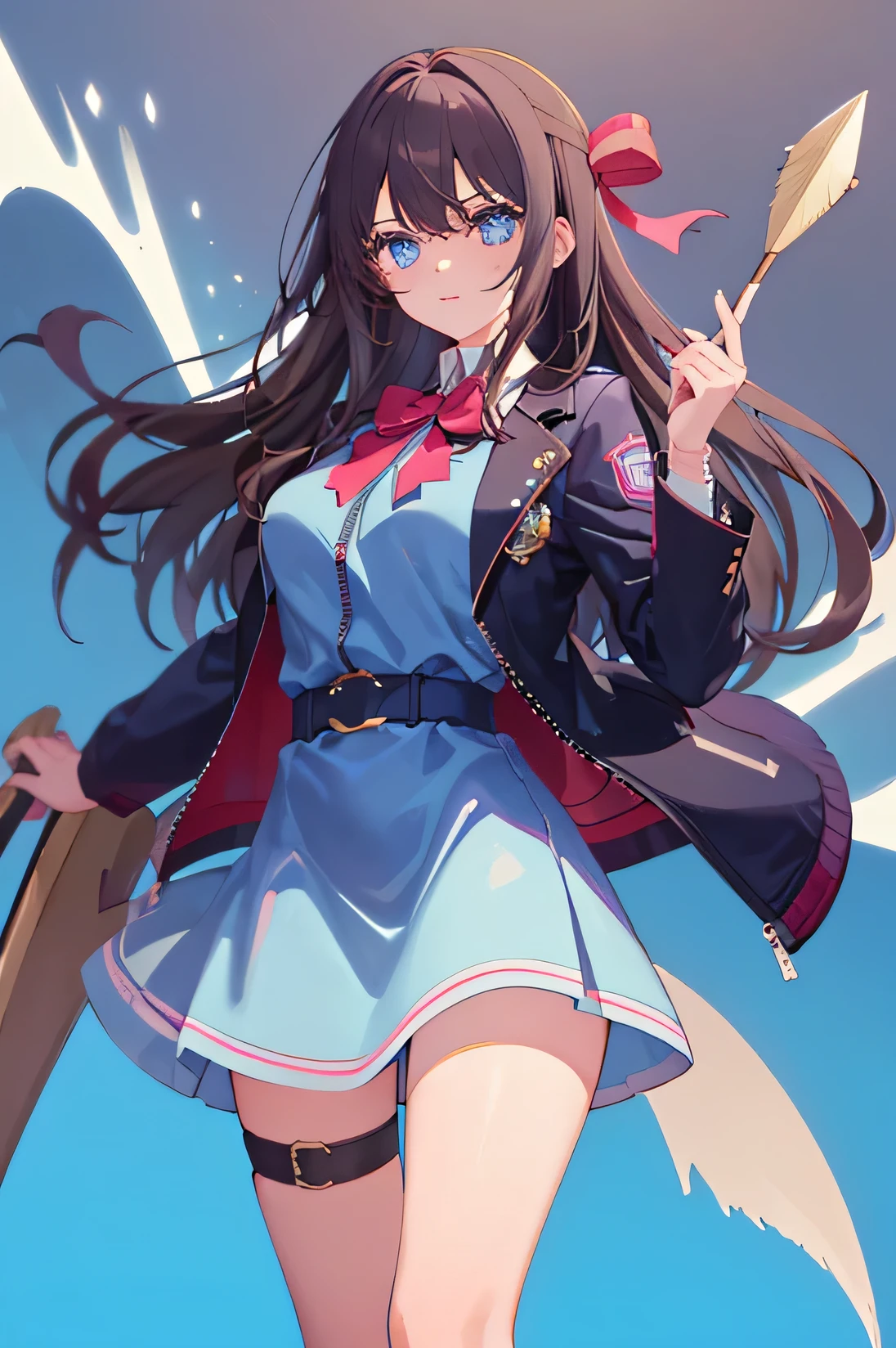 linda jovencita, with shoulder length brown hair, y ojos azules, wearing a cute girl's dress and a jacket that is not belted, Ella es de estatura promedio y algo delgada con curvas modestas., usando un arco con un carcaj de flechas atado a su espalda, Muy detallado.