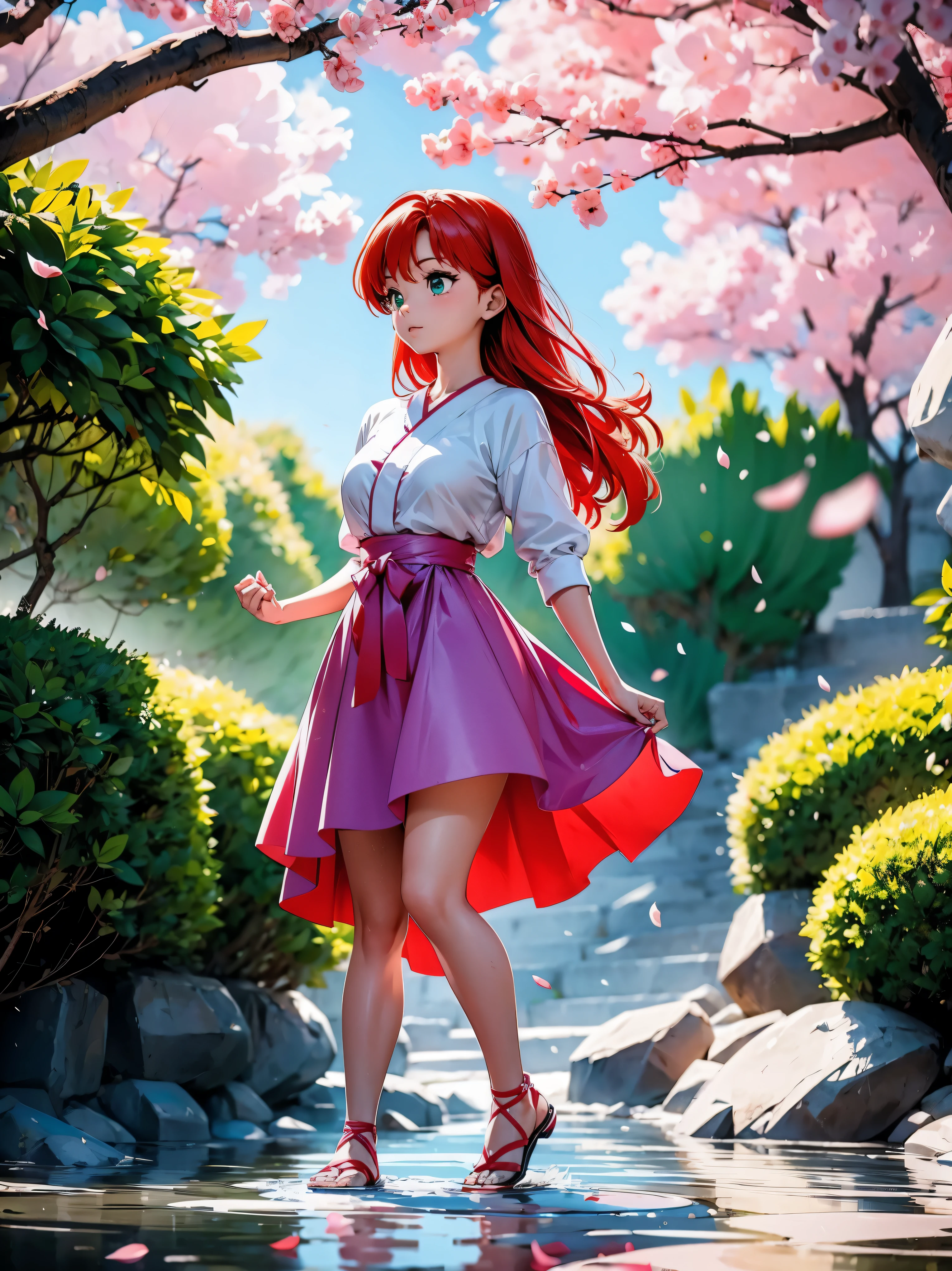 Imagine Ranma-chan em um momento de calma em meio a um campo de cerejeiras em flor. She is in her female form, com seus longos cabelos ruivos pegando a brisa suave. Her eyes express a mix of determination and serenity as she prepares for a martial arts training session.... Cherry petals dance around you, criando um soft, ethereal setting. Your posture is confident, mas relaxada, refletindo sua habilidade como lutadora. The colors are vibrant and rich, with soft tones of pink and green for the scenery, destacando a beleza natural do ambiente. Sunlight filtered through tree leaves adds a sense of warmth and tranquility to the scene.. Certifique-se de capturar os detalhes sutis do rosto de Ranma-chan, highlighting its unique features, maintaining a sense of realism and depth. This work of art should evoke a feeling of calm and power, showing Ranma-chan in her element as she connects with nature and her own inner strength, usando belas sandalias nos pes, chuva e brisa refrescsnte