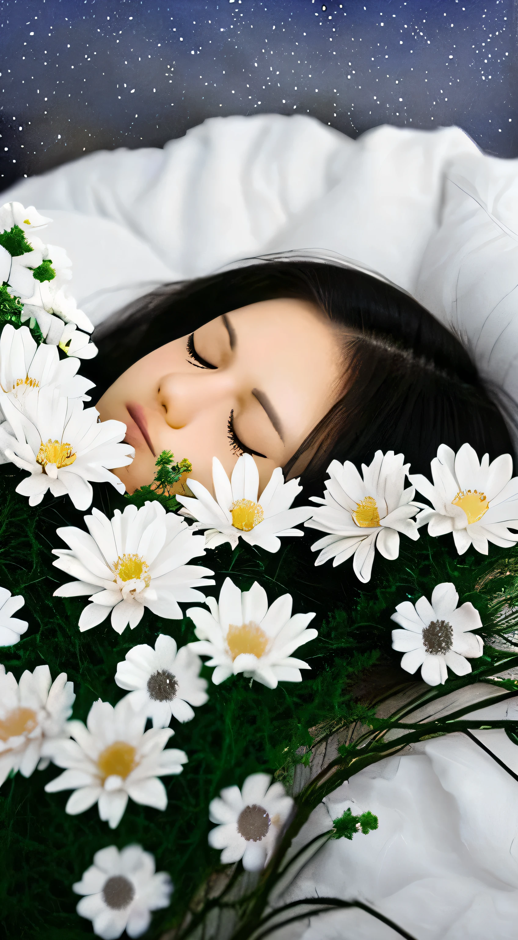 A  and a fluffy white kitten, flowers, sleeping, long black hair, night, starry sky