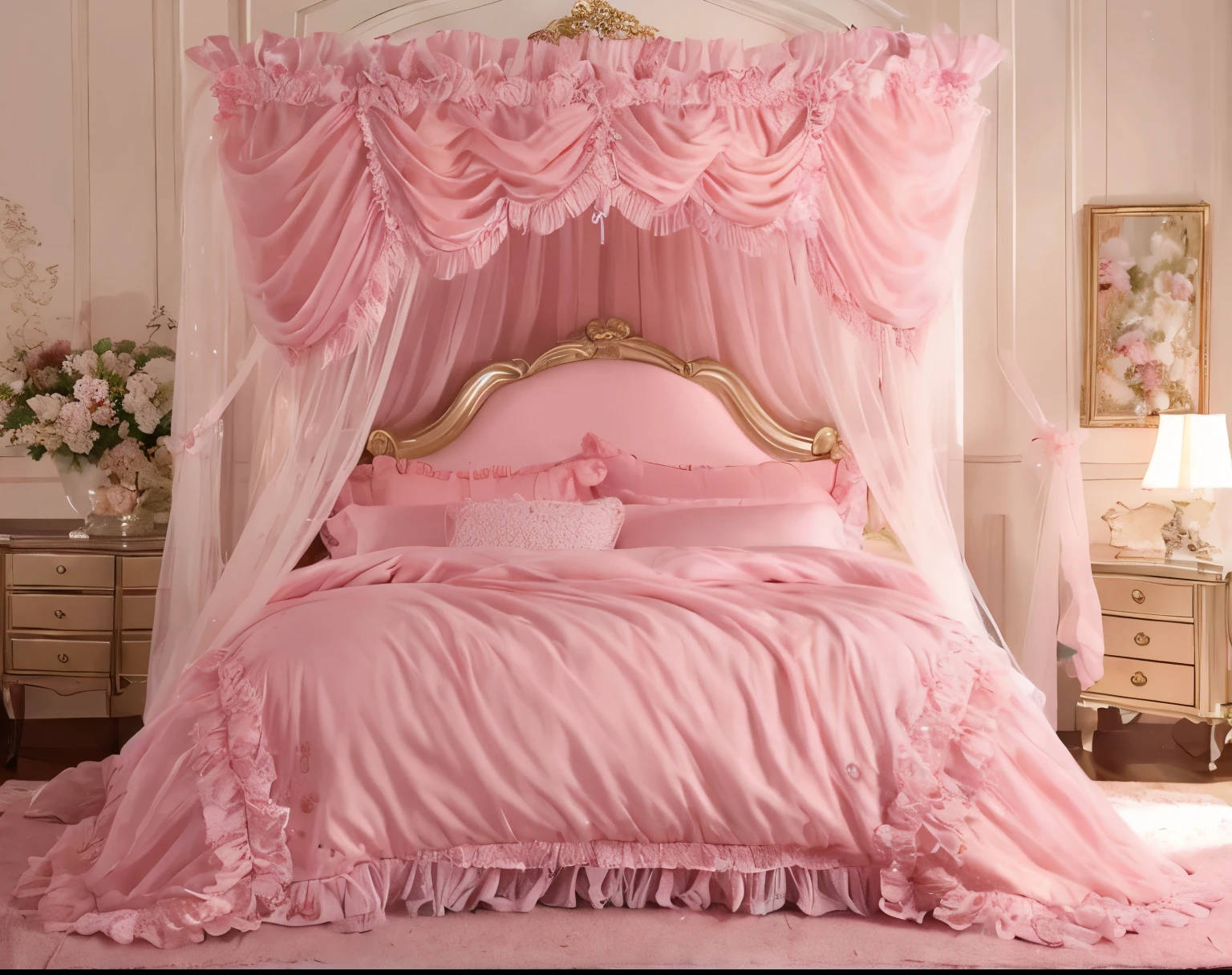 ,highest quality, masterpiece, highest resolution, artwork, super それにget used to it, many get used to it, get used to it, それにget used to it, 3K realistic photos,,((inside the palace)),,,(( )),,((inside the palace bedroom)),In a luxurious silk satin canopy bed,King size bed with canopy,Golden luxury bed frame in rococo style,ベッドの両側には豪華なpastel pinkのフリルカーテンが付いています。,ベッドの上にたくさんのpastel pinkのフリルの枕,super detailed background,detailed bed,romantic atmosphere,,ソフトなpastel pinkのシルクサテン掛け布団,ソフトなpastel pinkのシルクサテンのフリル付き枕,detailed futon,pastel pink,pastel pinkのベッド,