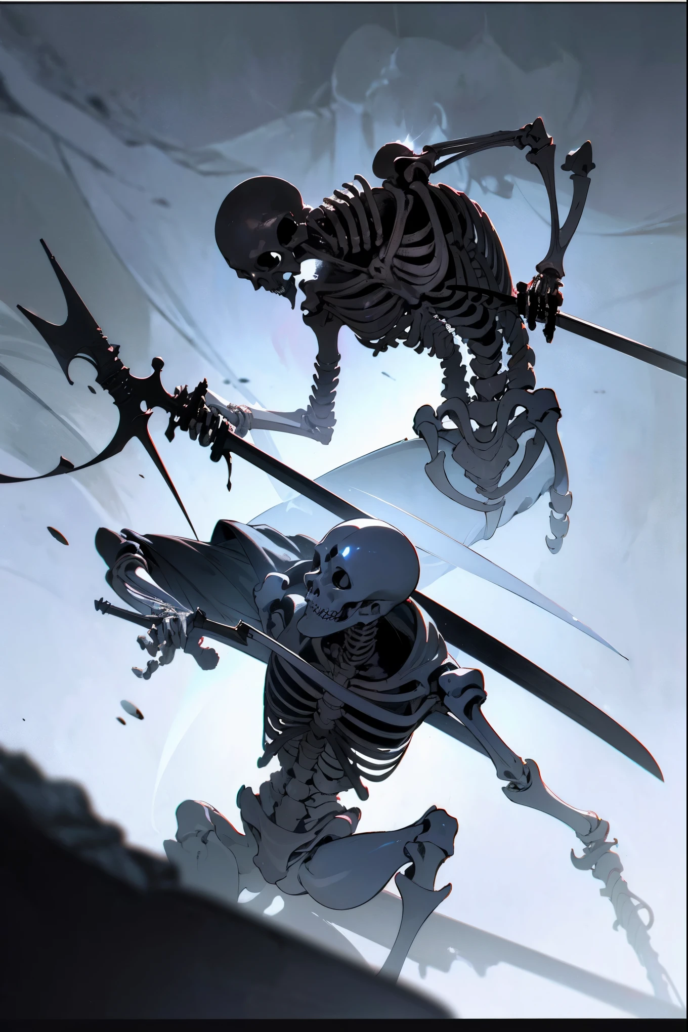 (a skeleton impaling itself with a sword in the neck,aura lights,(photorealism),dark,gloomy,sharp focus,bloody,high contrast,detailed bones,fine art)