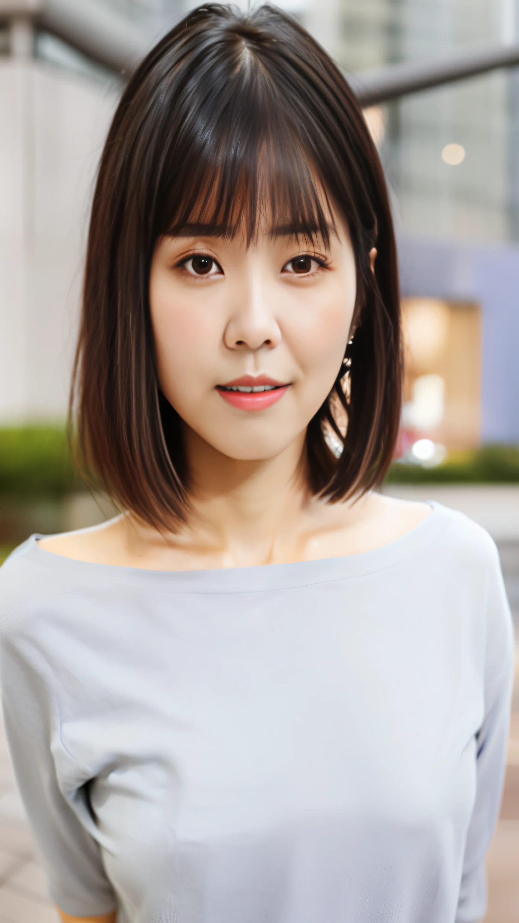 a close up of a woman with a short hair and a gray shirt, with short hair, chiho, 奈良美智, neat hair with bangs, narumi kakinouchi, lee ji - eun, lee ji-eun, heonhwa choe, girl cute-fine-face, aoi ogata