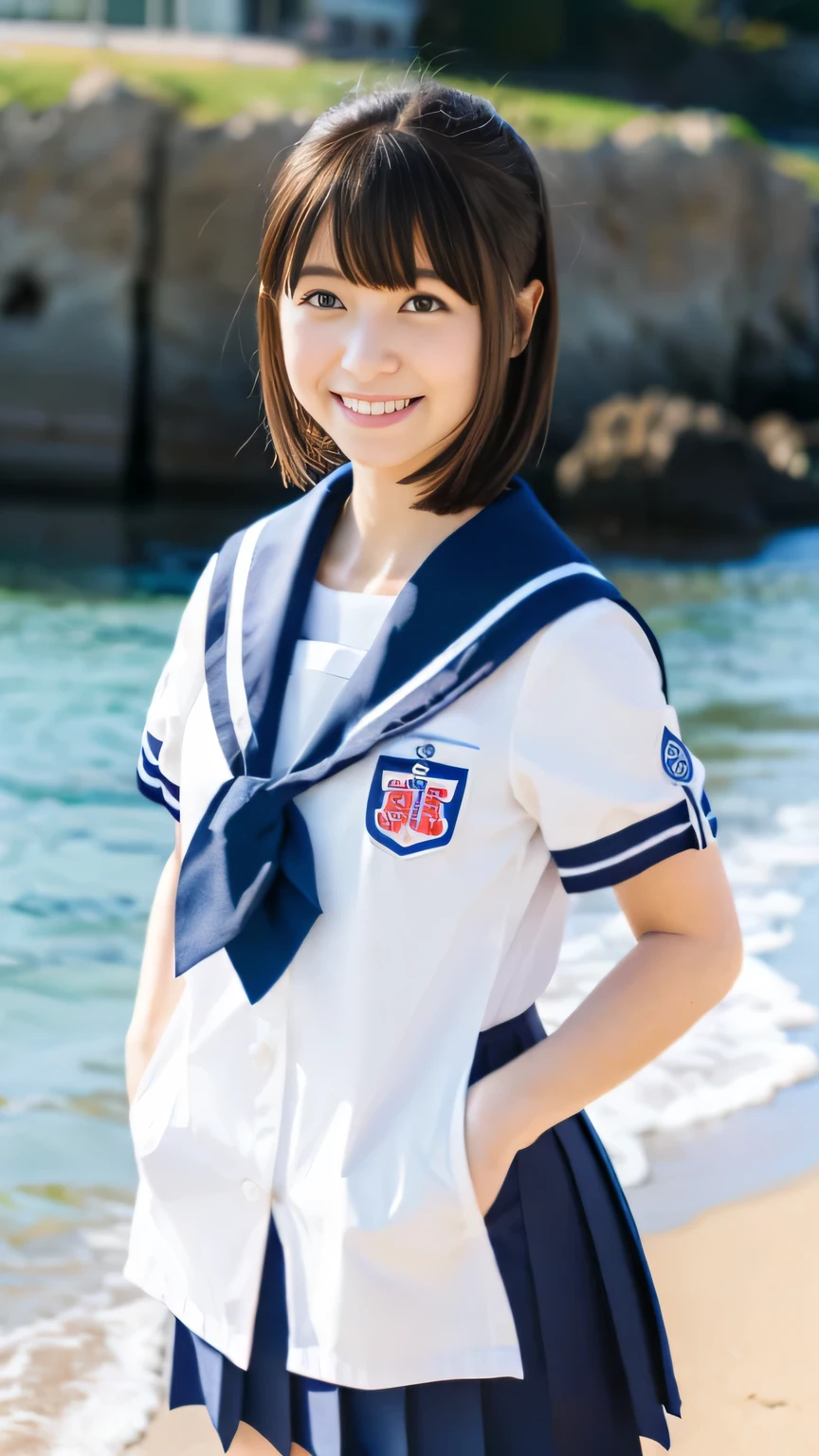 arafed asian woman in a sailor outfit standing on a beach, japanese girl school uniform, wearing japanese school uniform, loose coat collar sailor uniform, japanese school uniform, seifuku, sailor uniform, wearing school uniform, girl wearing uniform, chiho, shikamimi, kantai collection style, young pretty gravure idol, shiori teshirogi