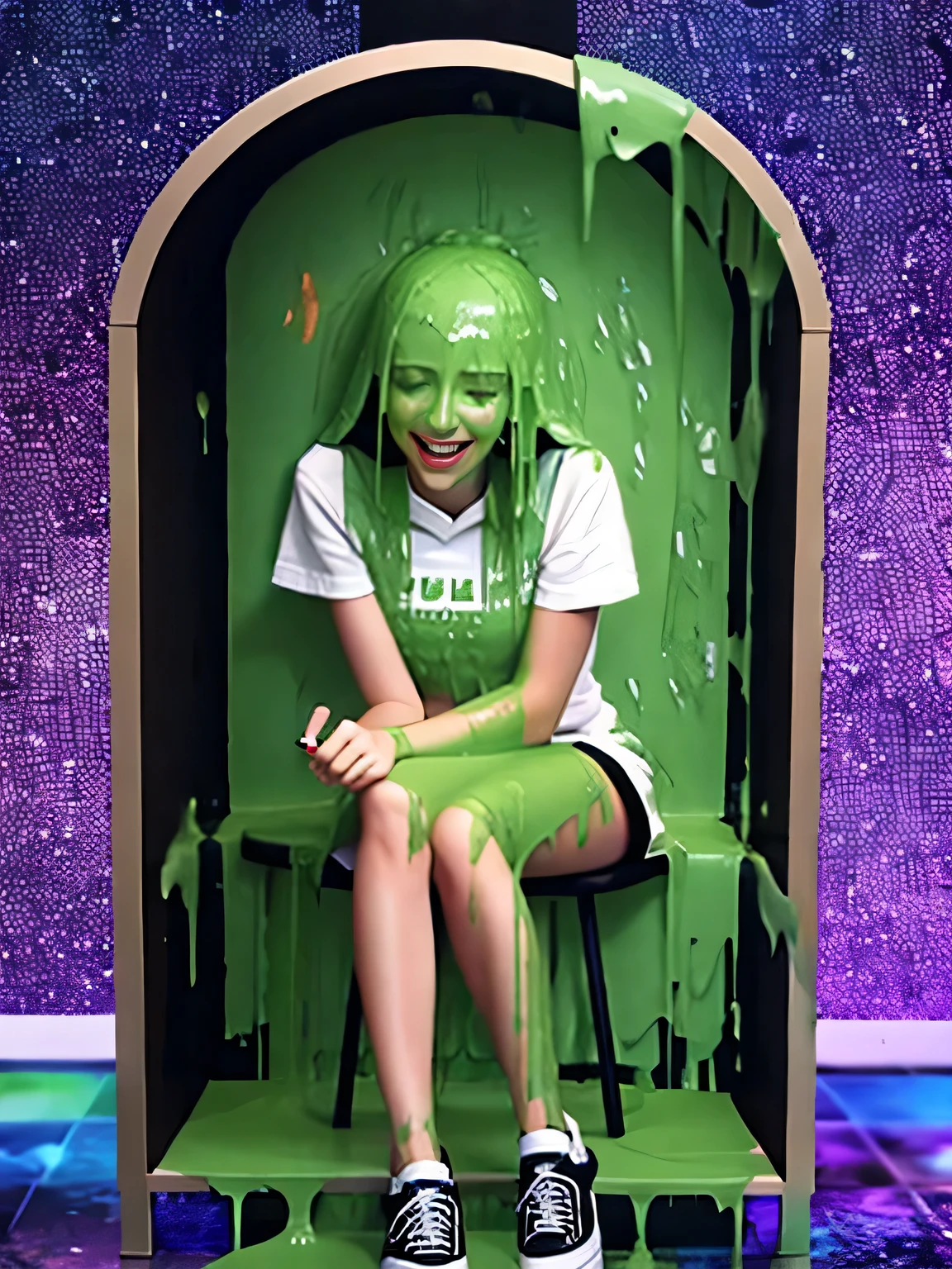 one woman covered in green slime, sitting on a small chair inside a tall glass box. background is a gameshow with laughing audience, her arms, legs, head, hands and clothes are covered in slime, lots of slime pours from pipes inside the box, large panels with 'Gunge The Girl!' on each side, woman is wearing a black skirt, white t-shirt and open black hoodie