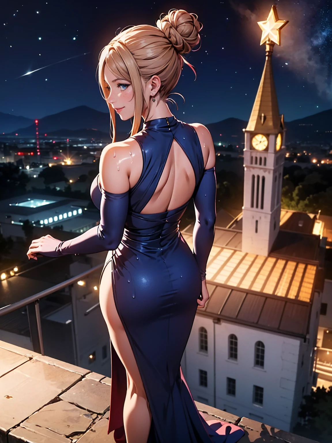 ((((masterpiece)), (blush), ((lascivious look, lascivious smile)), (silver dress, evening dress, stunning dress, (flowing dress)), silver elbow gloves, necklace, upper body, (from above:1.3), standing on a tower, cityscape in the background with church, (starry night), crescent moon)), (1girl, solo, Reina Morimoto, morimoto_reina, (blue eyes, hair bun, high bun of hair), lipstick)), red high heels, malicious looks, mole on the face, sensual pose, oily, wet body, view, profile, fitness, standing, Beautiful