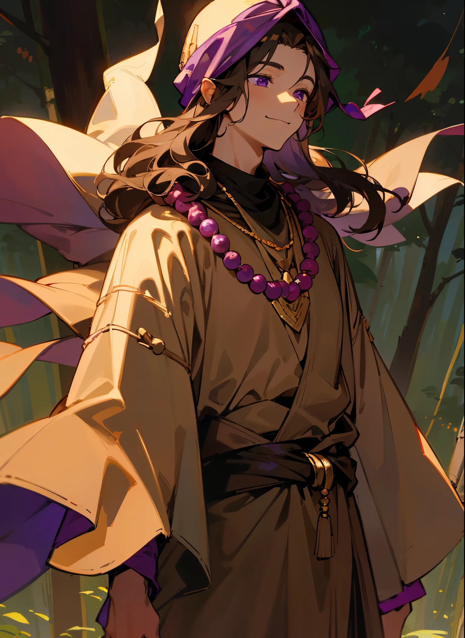 1male , Young Male , Long Dark brown , Prayer Bead Necklace , Wavy Hair , Purple eyes , Brown Yukata , Traveler Clothing , Black Turban , Happy Expression , Forest Background