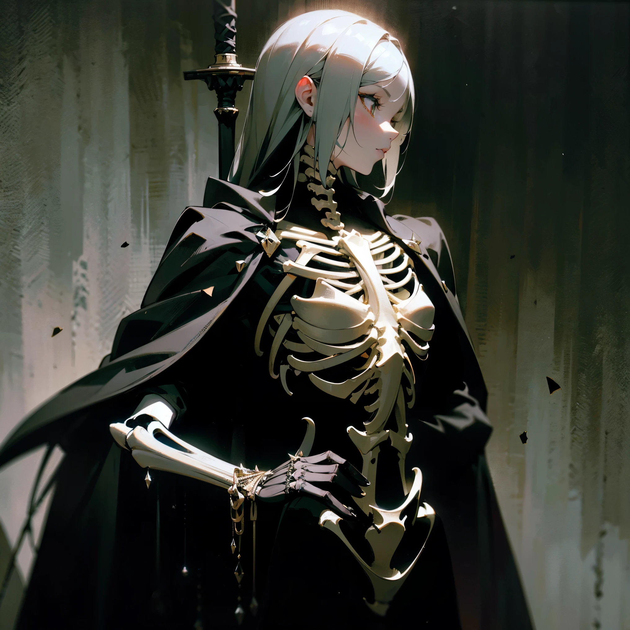 (a girl with) Aura-like gothic lighting, realistic Gothic-style artwork, detailed skeleton impaling itself with a sword in the neck, dark atmospheric background, high-res masterpiece:1.2, ultra-fine painting, professional, vivid colors