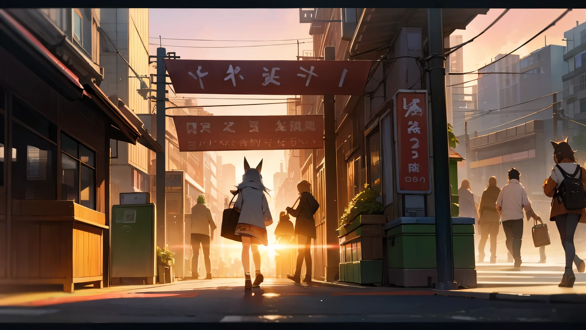 entrance of a market in city,sunset,peoples with animal ears