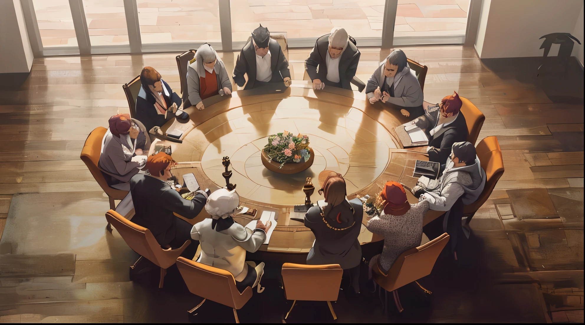 hay  doce personas sentadas en una mesa redonda 