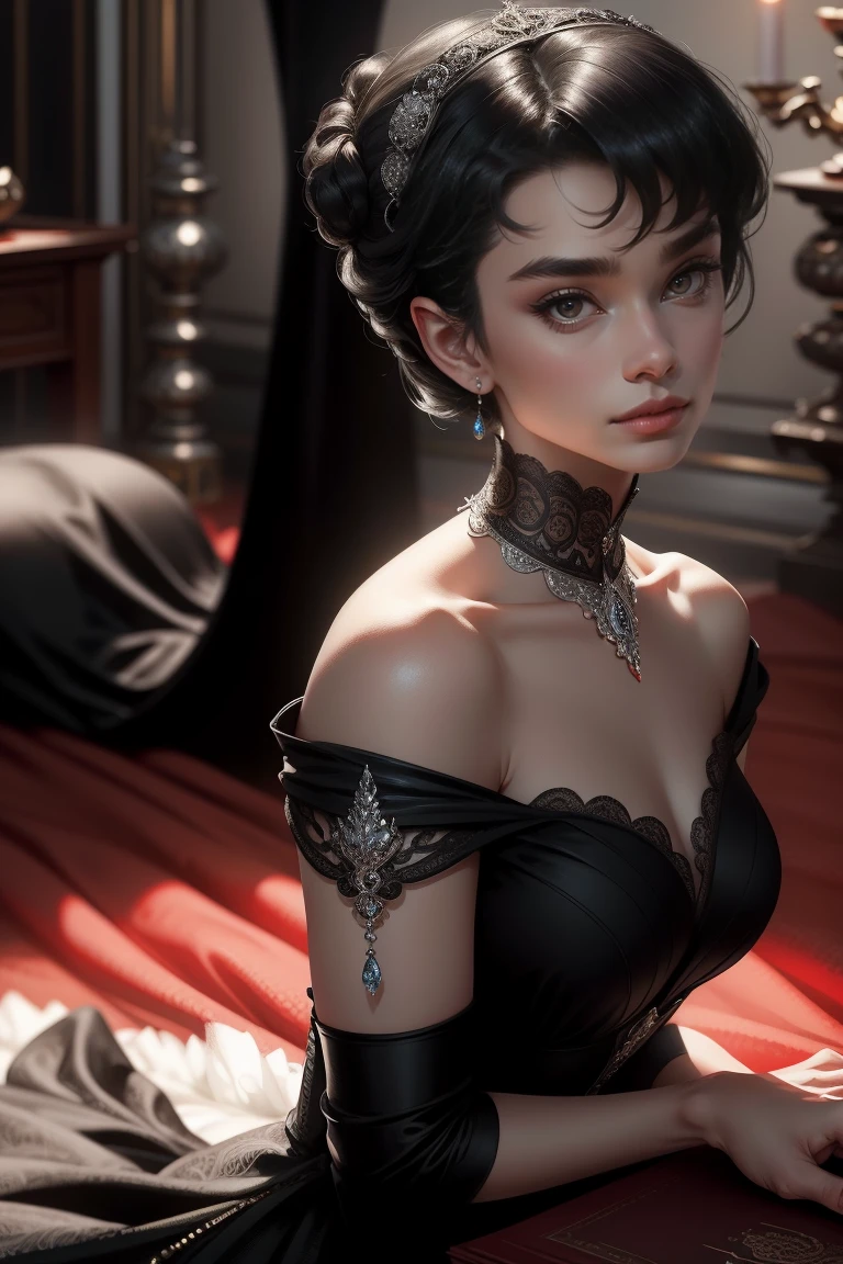 (Masterpiece - Ultra-Detailed, High Resolution) Prepare to be enchanted by a true masterpiece that combines ultra-detailed art with high-resolution rendering. This work shows a mesmerizing woman, with short, black hair, 1928s style,  Audrey Hepburn (1.3) and captivating dark brown eyes (1.2), New York illustration style, wearing red lipstick, emanating an aura of elegance and mystery. Wearing classic victorian dress 1928s clothing.  Intricate details and realistic textures invite you to explore every aspect of this enchanting composition. Black dress. reading, writing, walking, backwards, lying down, standing, dynamic poses, mouth closed. Different posture , dynamic poses, mouth closed. Different posture, with chin resting on shoulder. Perfect fingers. Get ready to dive into a world where beauty and craftsmanship merge perfectly.