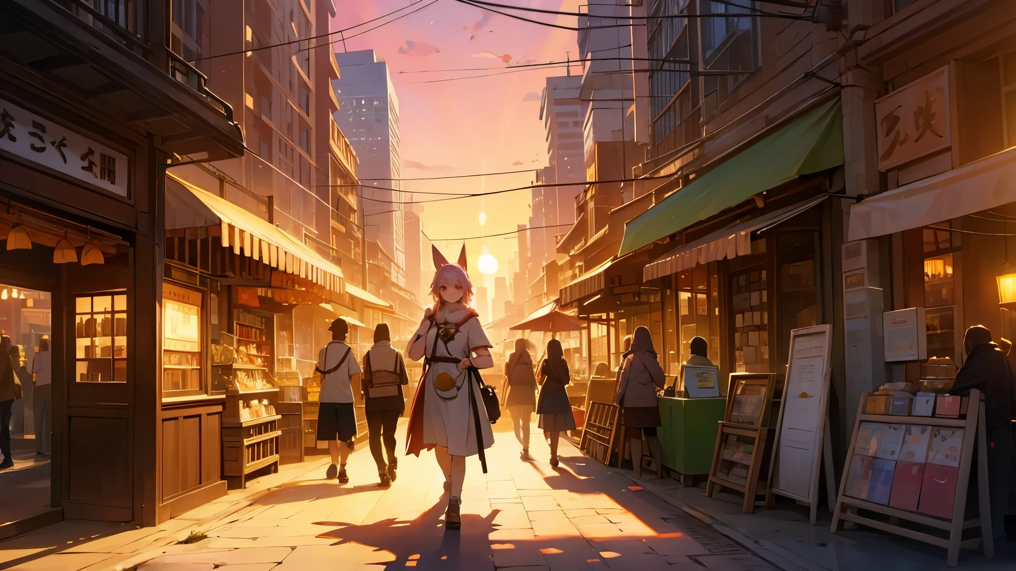 entrance of a magical market in city,sunset,peoples with animal ears
