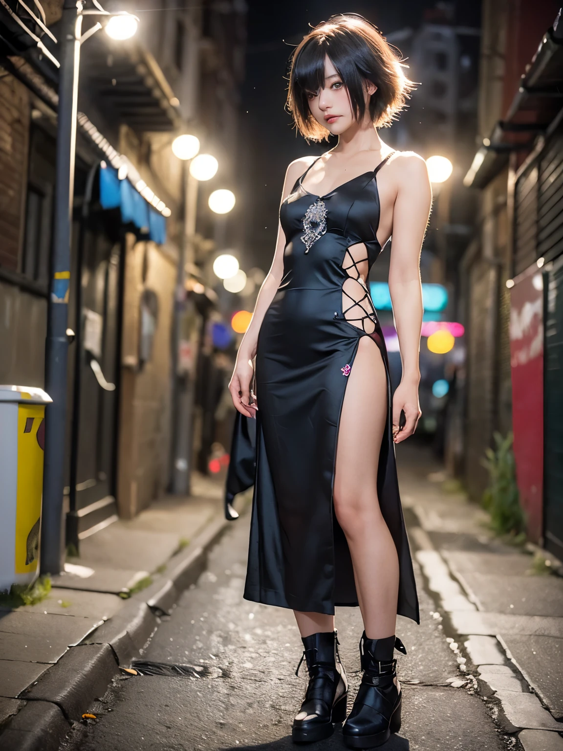 raw photo, 8k, (top-quality), Realistic, (real picture, Intricate details), (natural skin texture, detailed skin, hyper realism, sharpness), (Japanese teenage girl standing in a dirty back alley at night, graffitied wall:1.3, hand on head, armpits exposed), ((black long dress, lace dress, sleeveless, side slit)), (((flat chest:1.5))) , (pale skin), ((shorthair, short bangs)), (seductive face, Parted lips:1.3), thigh, graffiti:1.5, trash can, night time, spot lighting:1.3, Full body shot