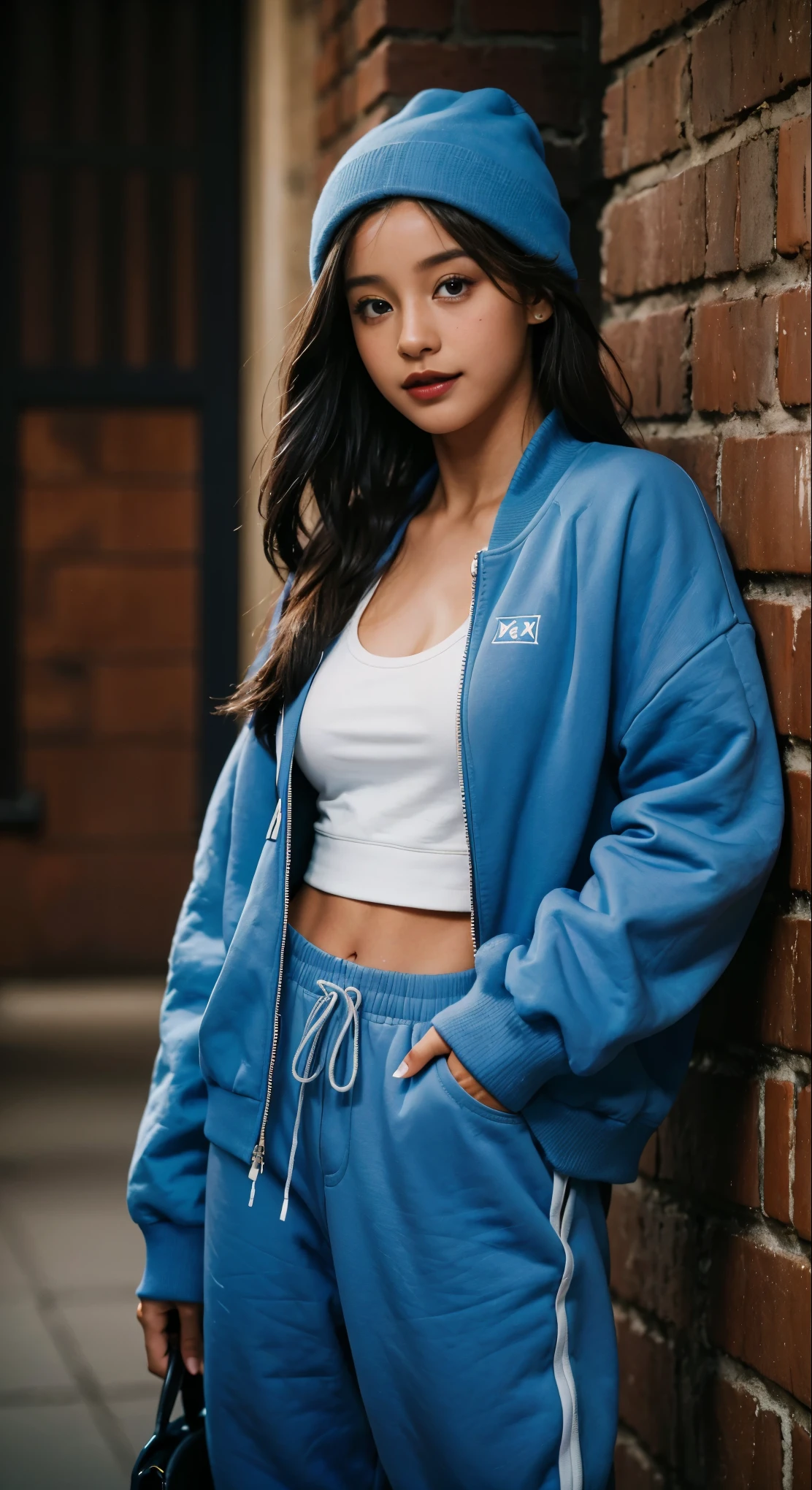 29 years old, gorgeous cute  Spanish girl, Smile, freckles, (dark skin:1.5), (medium blue long hair:1.4), (Ariana grande:1.1), (Idol Makeup:1.1), (1girll), ((Best Quality, 8K, Masterpiece:1.3)), (Focus: 1.2), (Perfect Body Beauty, Photorealistic: 1.4), (Best Quality), (Best Shadow), Detailed, Perfect Lighting, (depth of field:1.3),
BREAK
1girl, solo, blonde hair, little smile, blue eyes, Swept bangs, big breasts, perfect anatomy, (10 heads tall),
BREAK
stand against the brick wall, looking away, upper body, ((blue baggy college jacket)), (sweatshirt), (a girl's crossbody bag), knit hat, sneakers, (black tracksuit pants), sexy look, famous beautiful model, good young girl, (masterpiece:1.0), (best_quality:1.0), ultra high res,4K,ultra-detailed, photography, 8K, HDR, highres, absurdres:1.2, Kodak portra 400, blurry background, bokeh, lens flare, (vibrant_color:1.2),professional photograph, (beautiful_face:1.5),(narrow_waist). --v 6