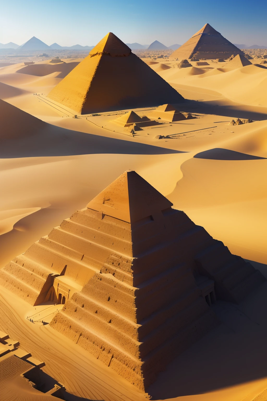 A captivating drone view perspective of the Pyramids of Egypt, an engineering marvel, bathed in the golden glow of the setting sun, casting long shadows on the desert sands. The Great Pyramid of Giza dominates the landscape, standing tall with its triangular outline and sharp edges, while the smaller pyramids nearby align in perfect symmetry. The intricate detailing of the pyramid's steps, adorned with tiny pyramidions, is visible in high detail, and the smooth limestone surfaces shimmer as they reflect the sunlight. The lush greenery surrounding the pyramids adds a breathtaking contrast, as the lush palm trees sway gently in the gentle