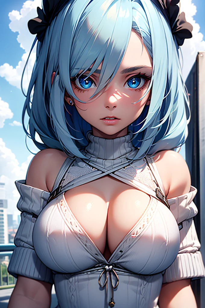 
1 Angel Girl, (Masterpiece), Best Quality, Expressive Eyes, Perfect Face, High Quality,
Beautiful girl, smooth skin, light blue hair, ultra realistic, 8K, HD, dress, sweater, perfect, unique perspective, realistic, natural, sky, realistic image, blue eye, big breast