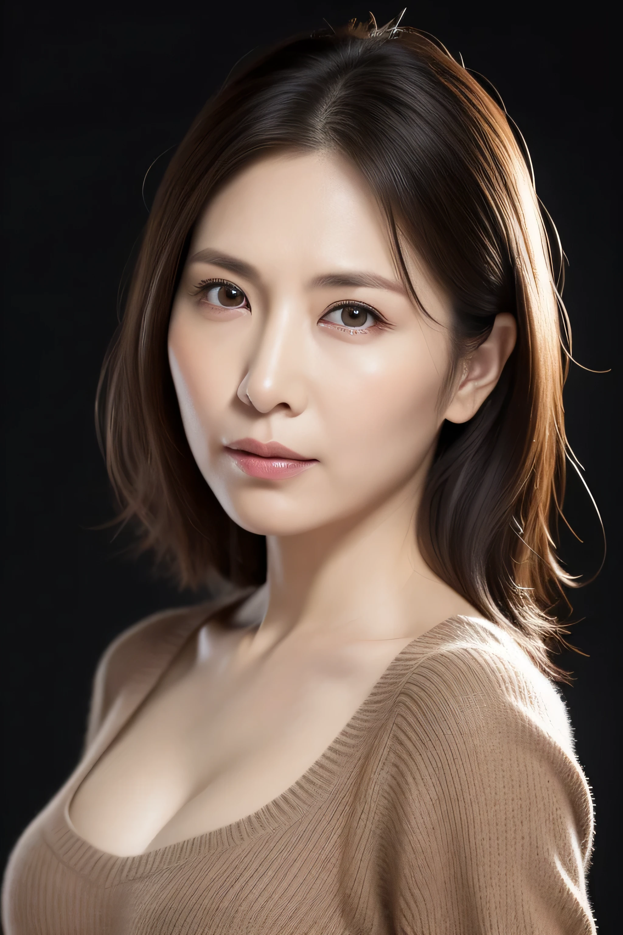 ultra high resolution, masterpiece, rough skin, very detailed, Photoreal, professional lighting, Depth of written boundary, sharp, gray background, (Front view:1.2),(japanese mature, 38 year old woman is sexy), detailed face, beautiful eyes, bangs, good shape big breasts, light brown straight hair, faint lips, (Catch Eye:1.3),((stand in front、look at the audience, serious face eyes.)), sweater, theta, full body photo, cowboy shot