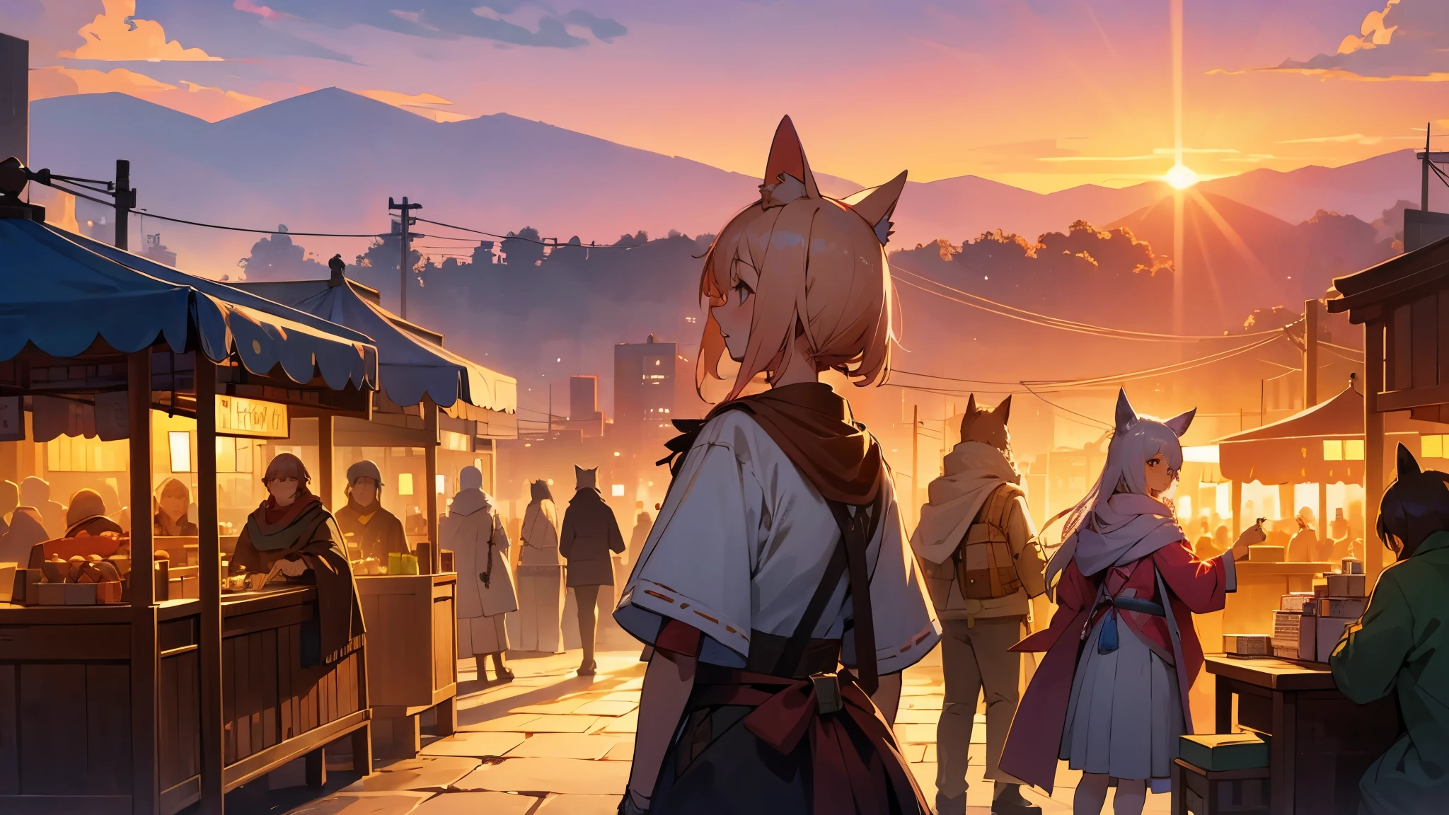 a magic market,sunset,peoples with animal ears in background